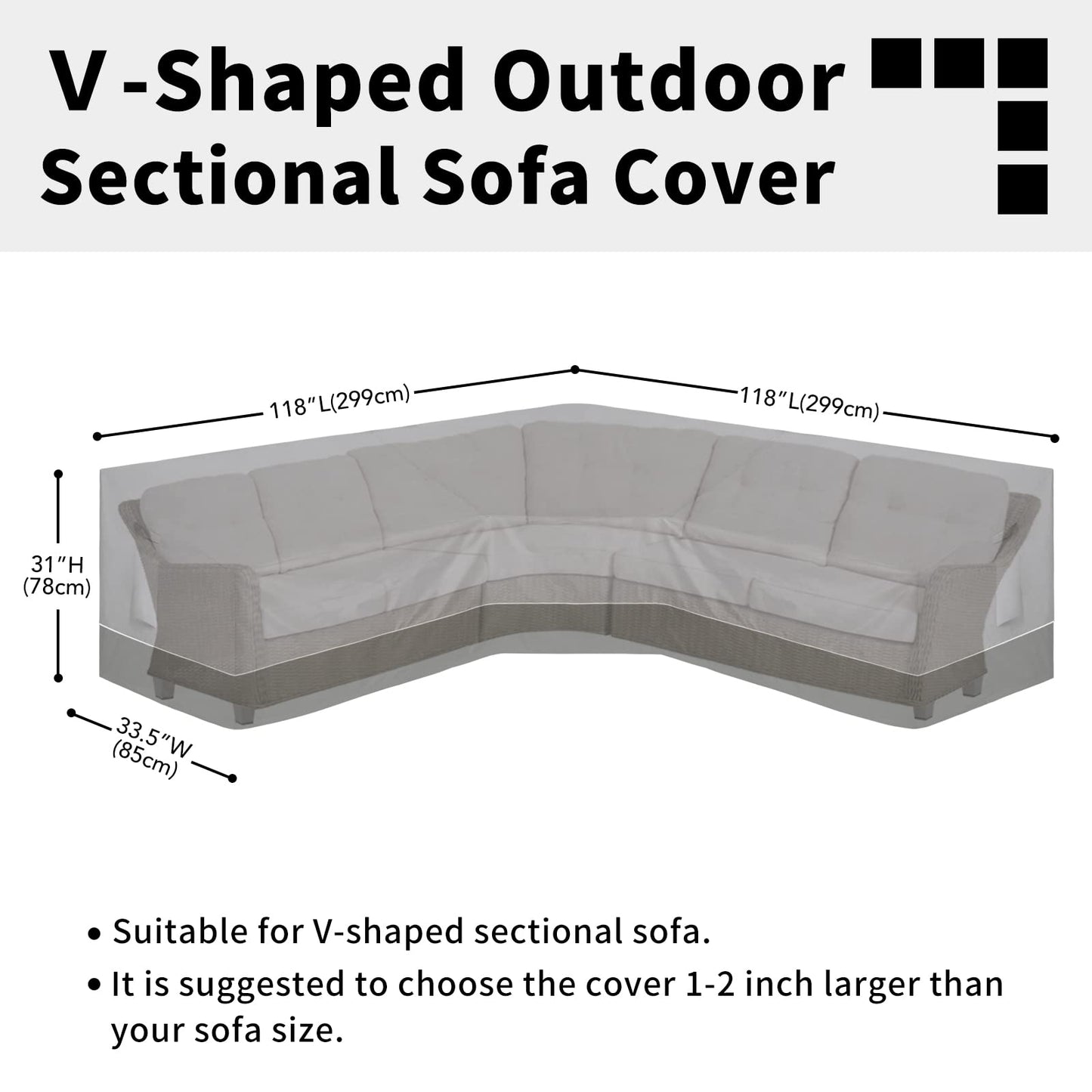 Easy-Going Outdoor V-Shaped Sectional Sofa Cover 118"X118" UV Resistant Patio Sectional Couch Cover Waterproof Lawn Patio Furniture Cover, Gray/Dark Gray
