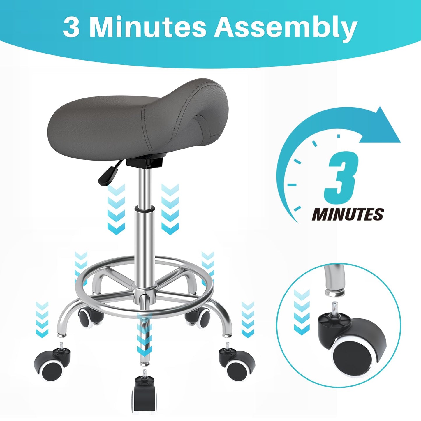 YEEZEE Saddle Stool Ergonomic- Comfortable Rolling Saddle Stool with Wide Thick Saddle Seat Padding, Swivel Adjustable Saddle Chair with Wheels and Ring Pedal for Medical Massage Salon (Grey)