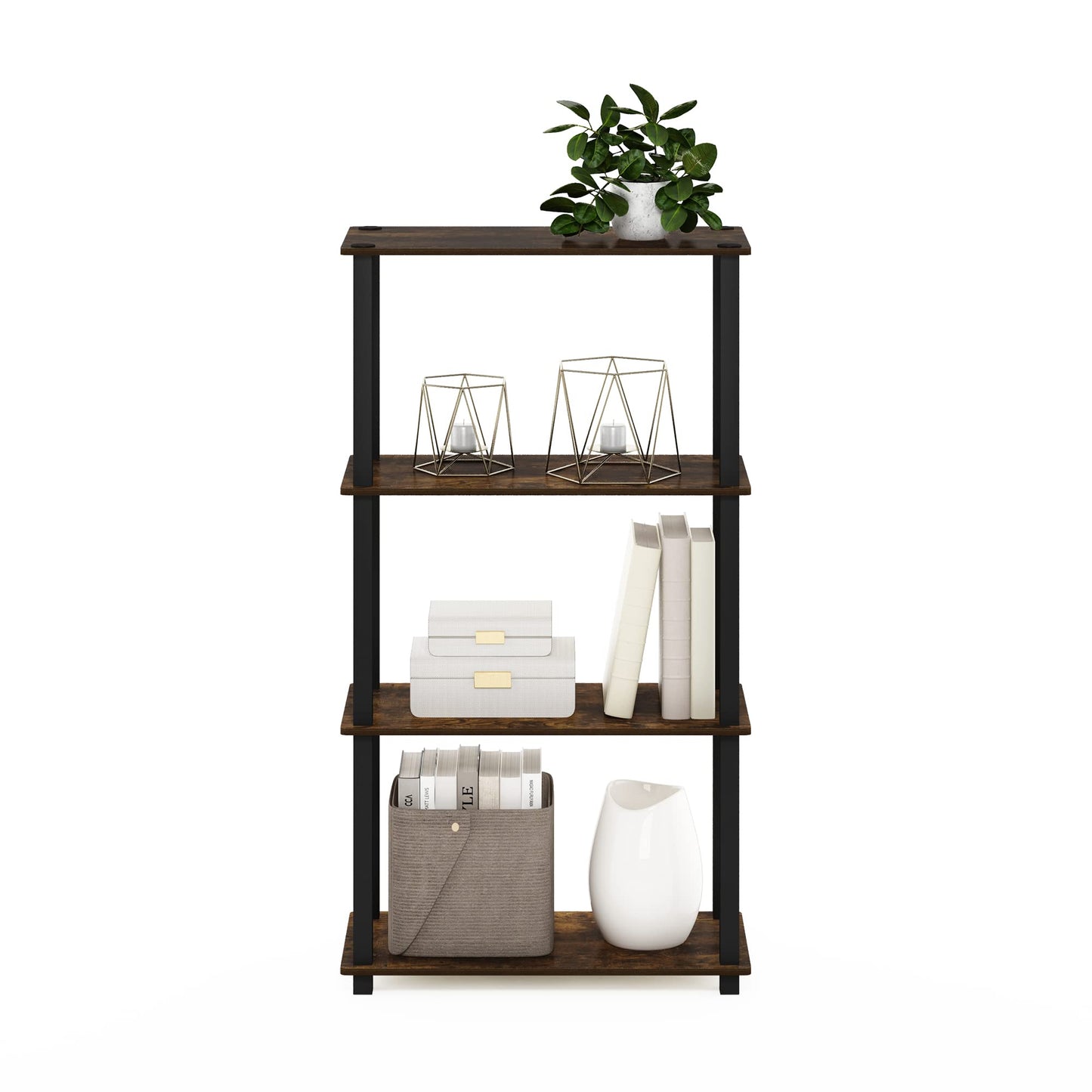 Furinno TURN-S-TUBE Storage Shelves, 4-Tier Book Shelf, Corner Shelf, Toolless Open Shelves, for Organization and Storage, Living Room, Garage, Home Office, Amber Pine