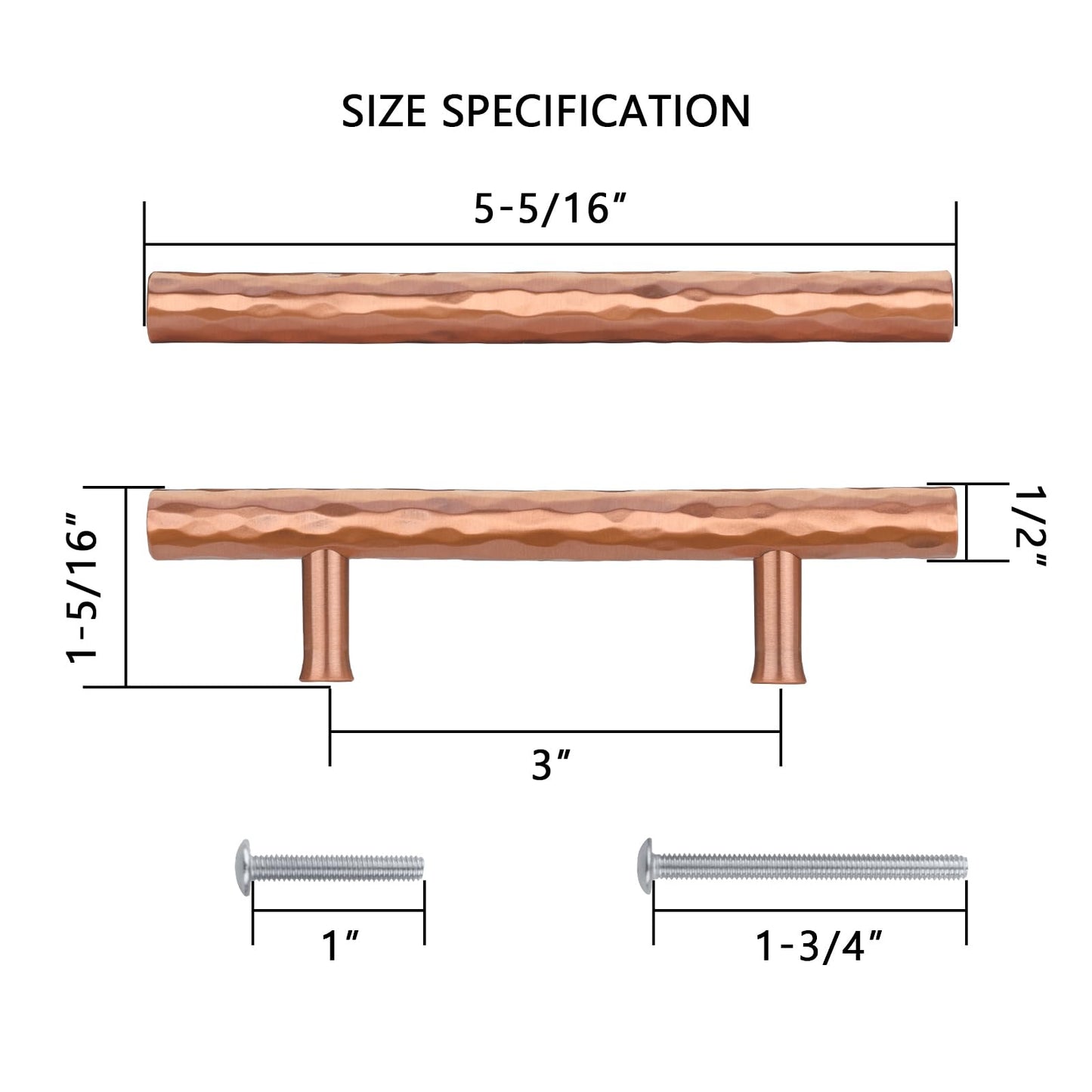 Akicon 3 Inch Hole Center Hammered Copper Kitchen Cabinet Handles 100% Solid Brass Drawer Pulls(5-Pack)