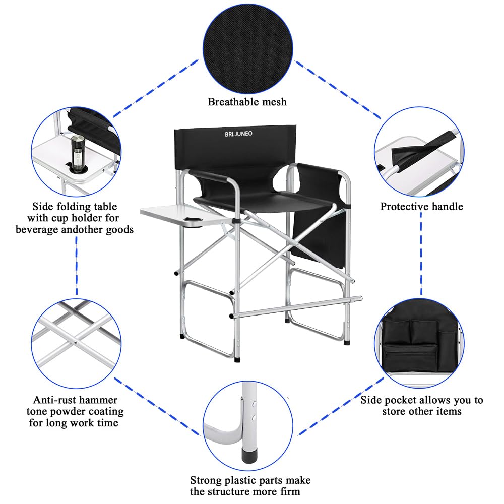 BRLJUNEO Tall Makeup Chair, Foldable Director Chairs, Portable Makeup Artist Chair w/Side Table Cup Holder Storage Bag and Footrest, 400LBS Load Capacity, Black, 41''