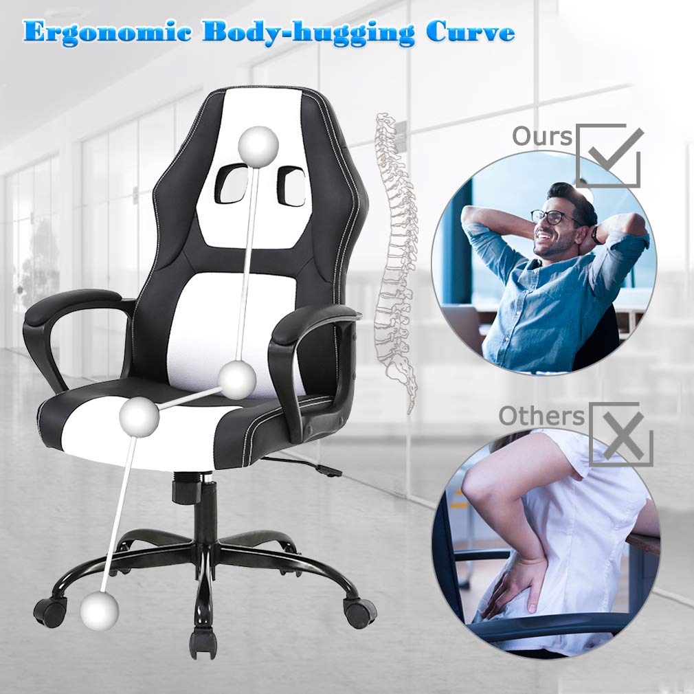BestOffice Office Chair PC Gaming Chair Cheap Desk Chair Ergonomic PU Leather Executive Computer Chair Lumbar Support for Women, Men (White)