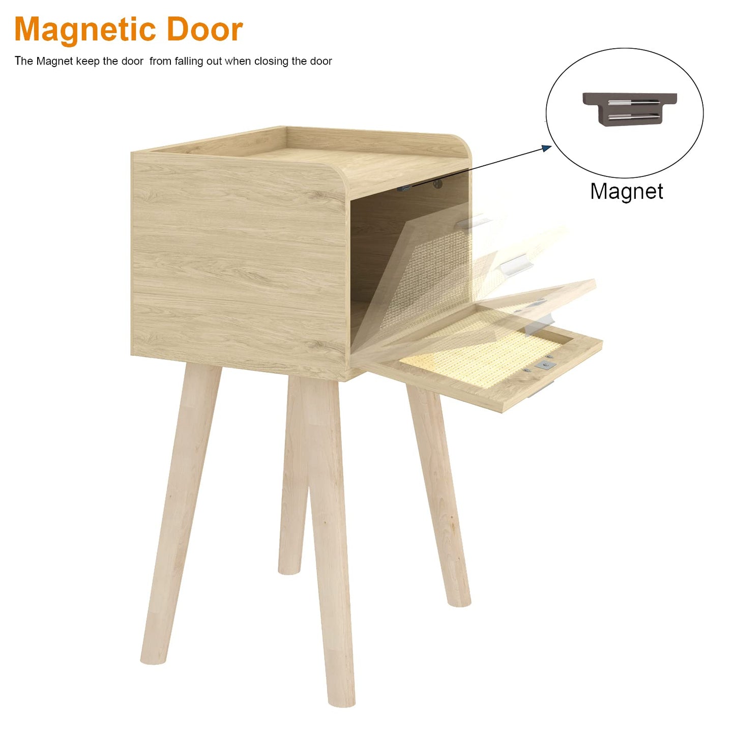 LAATOOREE Nightstand Set of 2, Small Bedside Table, End Table with Rattan Door, Boho Side Table with Solid Wood Legs for Bedroom Living Room Small Space