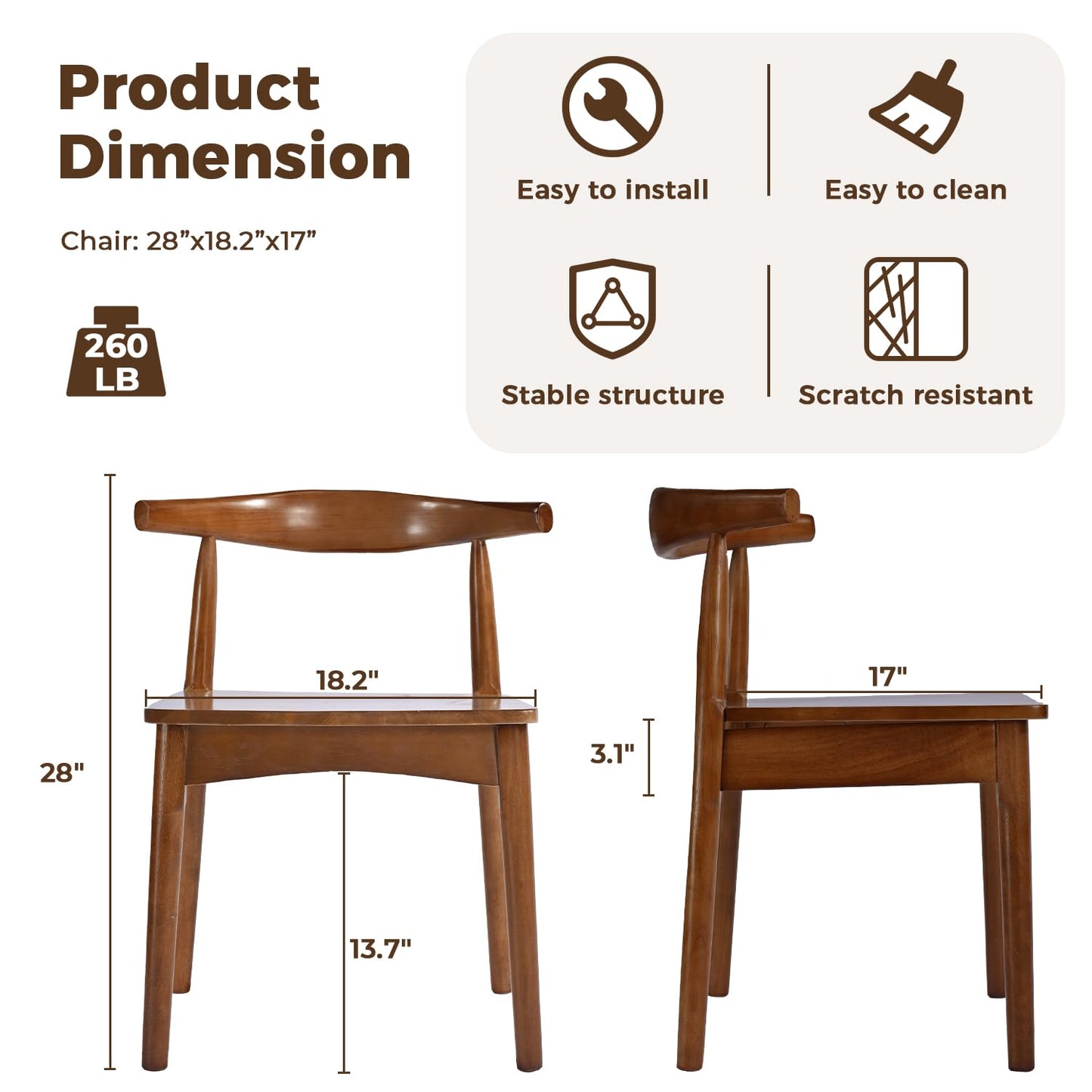 DELAVIN Solid Wood Dining Chairs Set of 4,Kitchen Chairs with Solid Oak Wood Legs, Farmhouse Style High Ladder Back Dining Room Chairs,Walnut