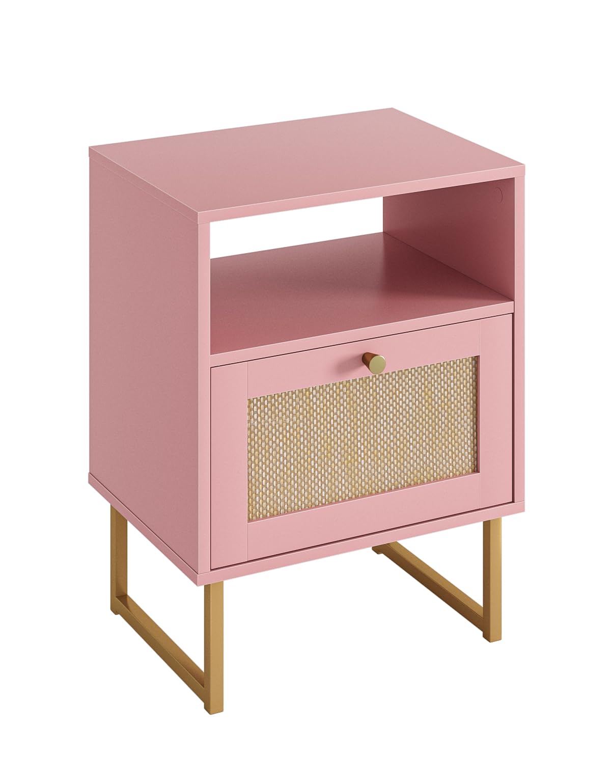 Apetaccat Rattan Nightstand, Boho Night Stand Farmhouse Wood Bedside Table with Storage and Open Shelf, End Side Accent Table for Bedroom,Living Room,Pink