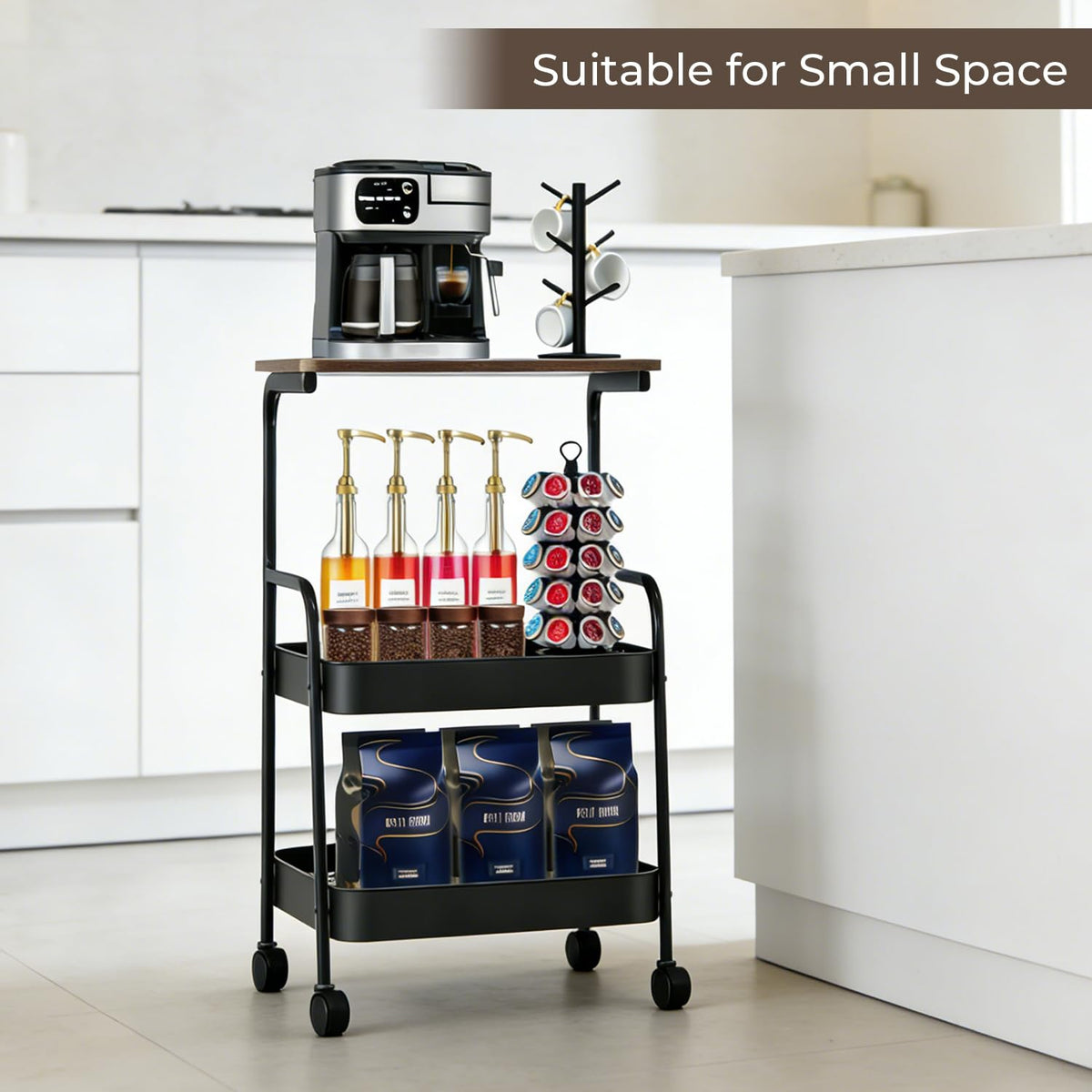 Y YOMA 3 Tier Rolling Utility Cart with Table Top, Metal Storage Organizer with Wheels for Small Space, Office, Kitchen, Bathroom, Dorm, Coffee Station - Black