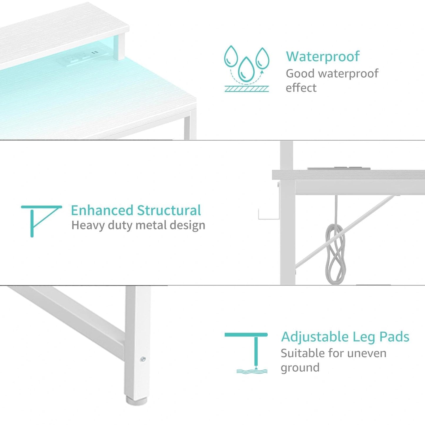 Lufeiya Small White Desk with LED Lights and Power Outlets, 32 Inch Home Office Computer Desks with Monitor Stand, Teen Writing Study Table Gaming Desk with Charging Station, White