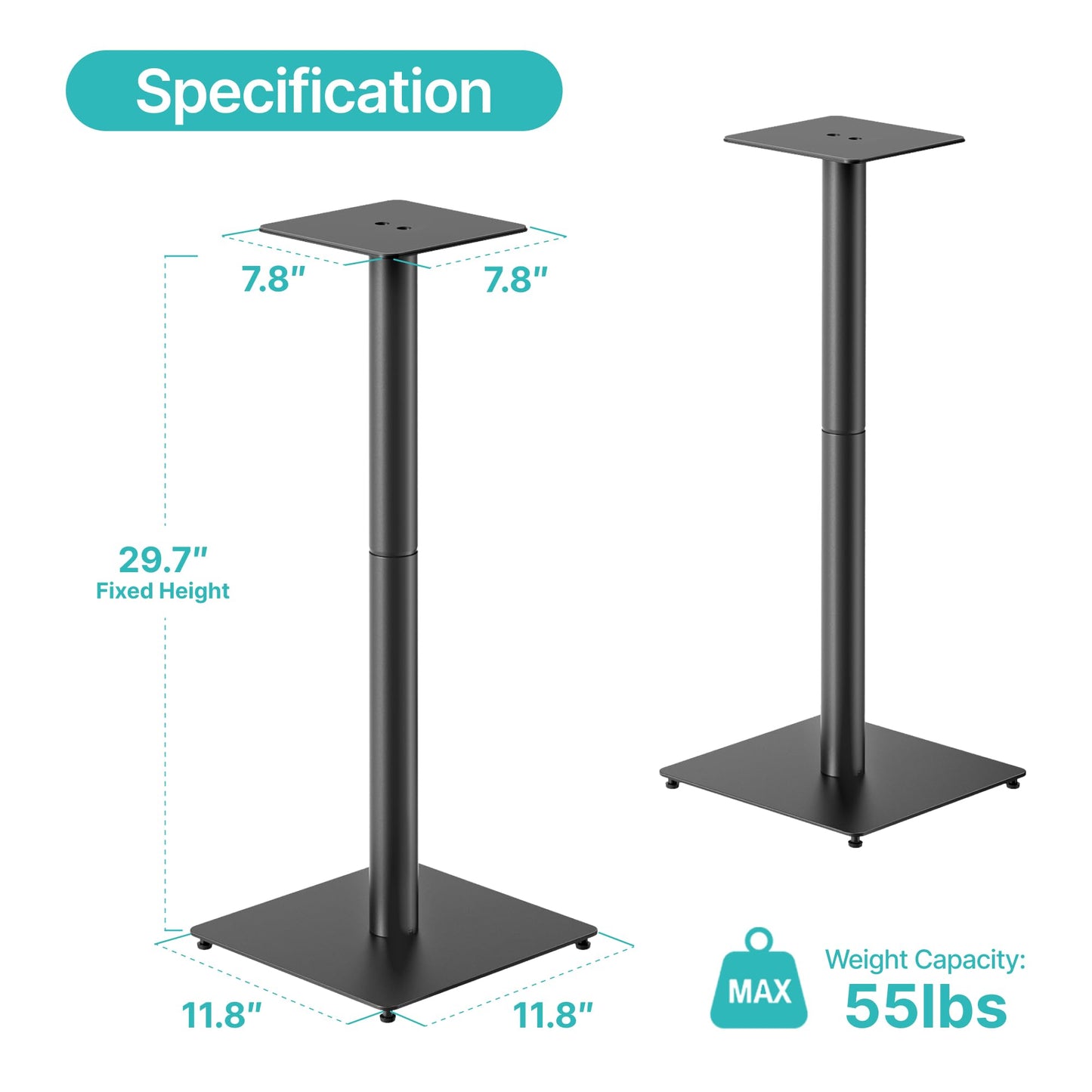 Speaker Stands Pair, 30" Fixed Height, 55lbs Weight Capacity, 11.8" Base, Cable Management, Freestanding Speaker Floor Stand for Surround Sound, Metal Base