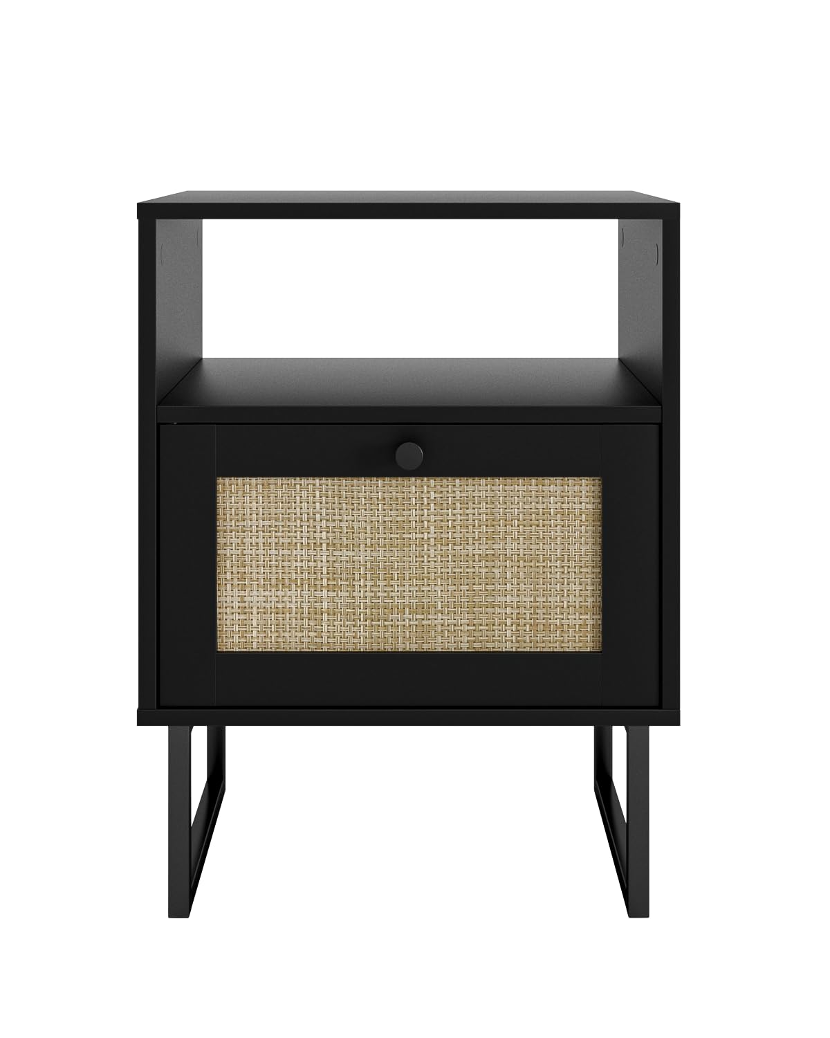 Apetaccat Rattan Nightstand, Boho Night Stand Farmhouse Wood Bedside Table with Storage and Open Shelf, End Side Accent Table for Bedroom,Living Room,Black