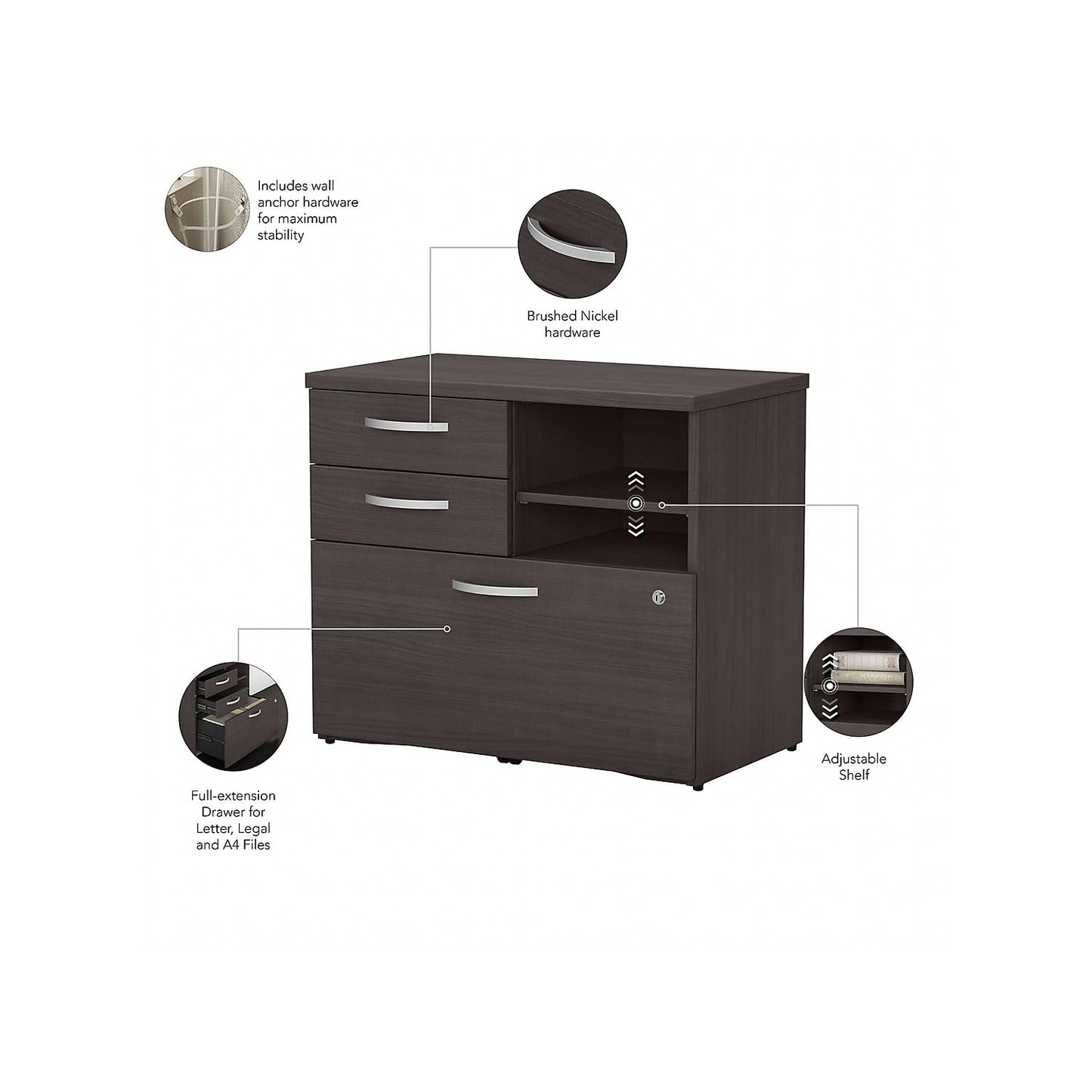 Bush Business Furniture Studio C Office Storage Cabinet with Drawers and Shelves in Storm Gray