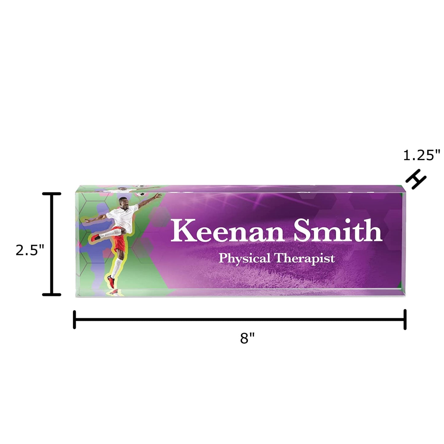 Infusion Personalized Office Desk Name Plate Acrylic Glass Block (8 x 2.5 x 1.25'', Soccer Ball)