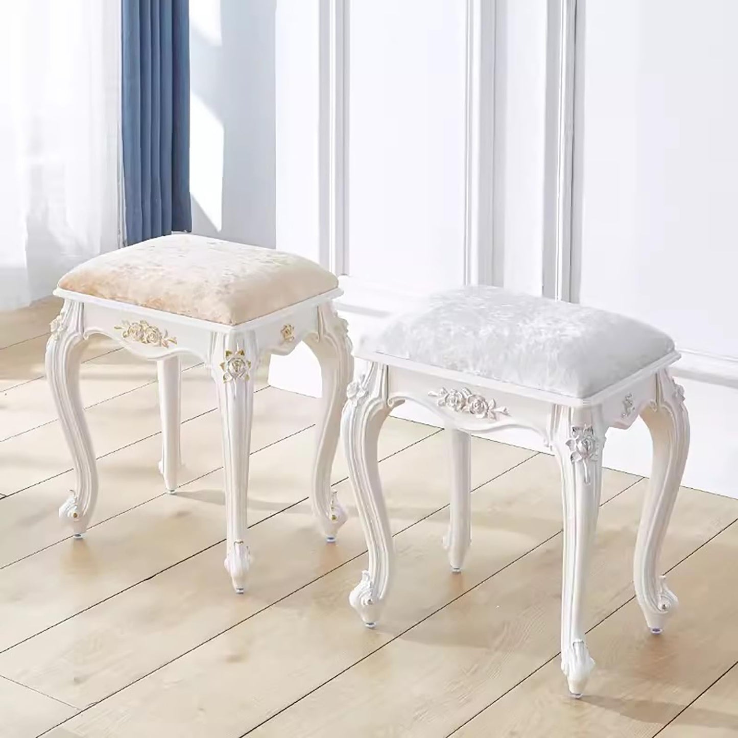 Lebolna Vintage Vanity Stool, Rectangular & Round Makeup Stool, Silver Velvet, 17 Inch Sitting Height