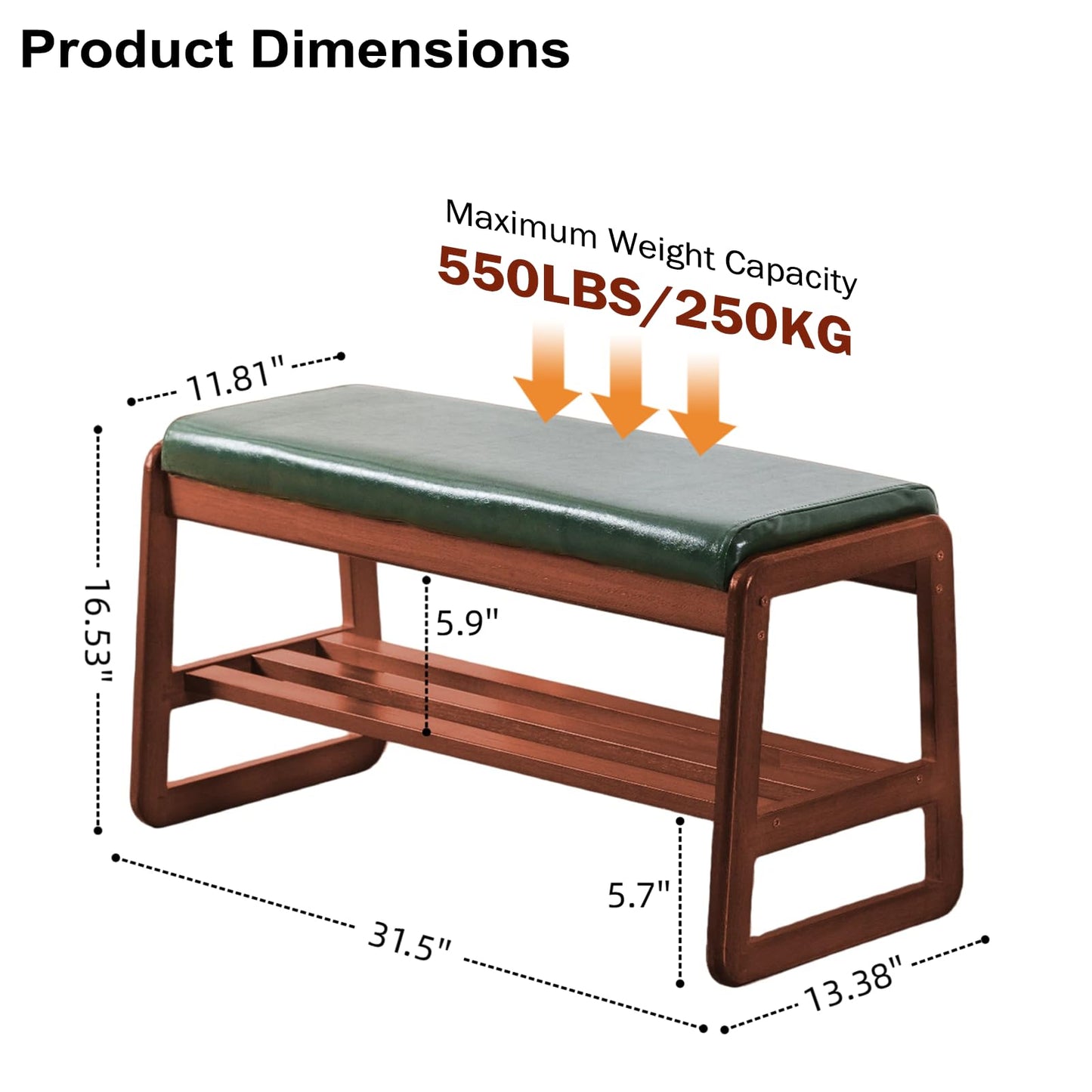 SOBIBO Solid Wood Shoe Bench, 2-Tier Wooden Entryway Bench, Modern Shoe Rack with Faux Leather Cushion for Hallway, Living Room (Green, 31.5'')