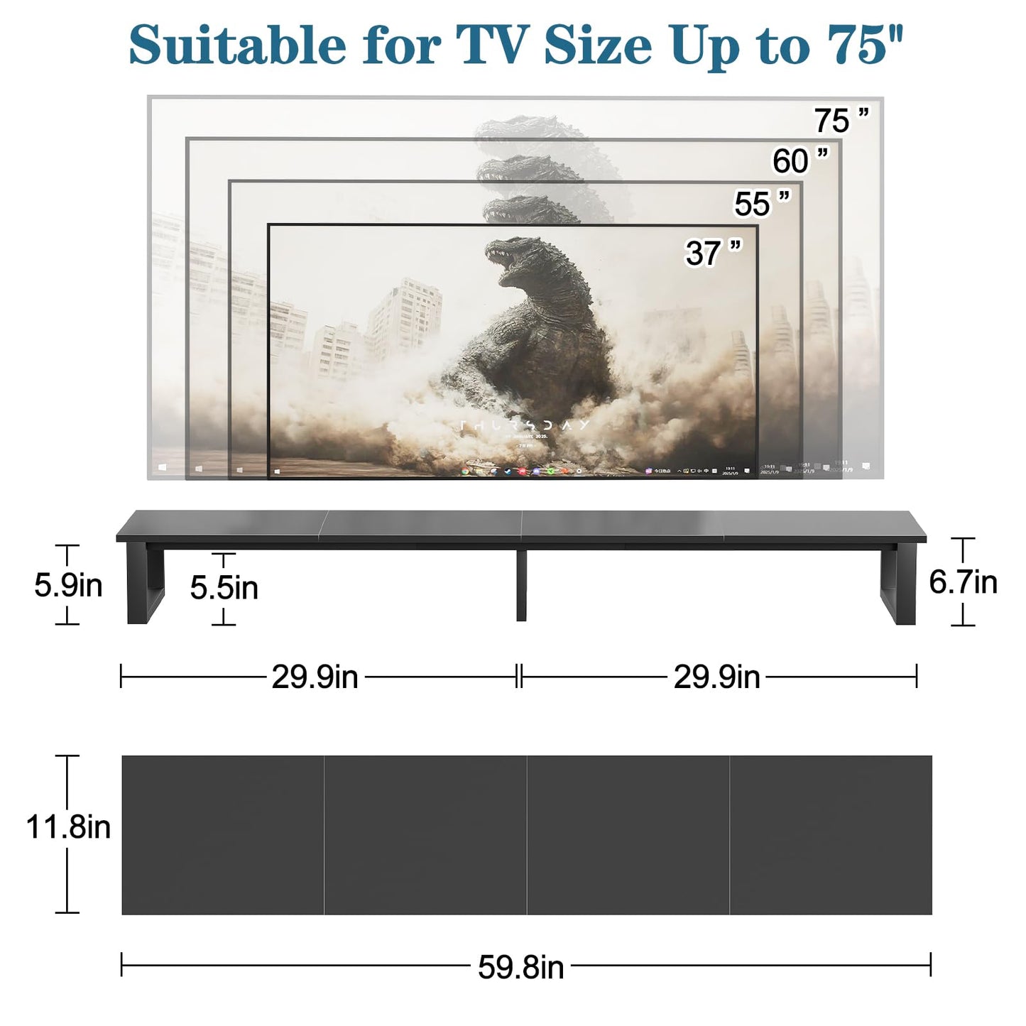 aboxoo 59" Large TV Riser Stand for 32-75 Inch TV, TV Shelf with Steel Legs, Tabletop TV Riser for Home Living Room, Study Office (Black)