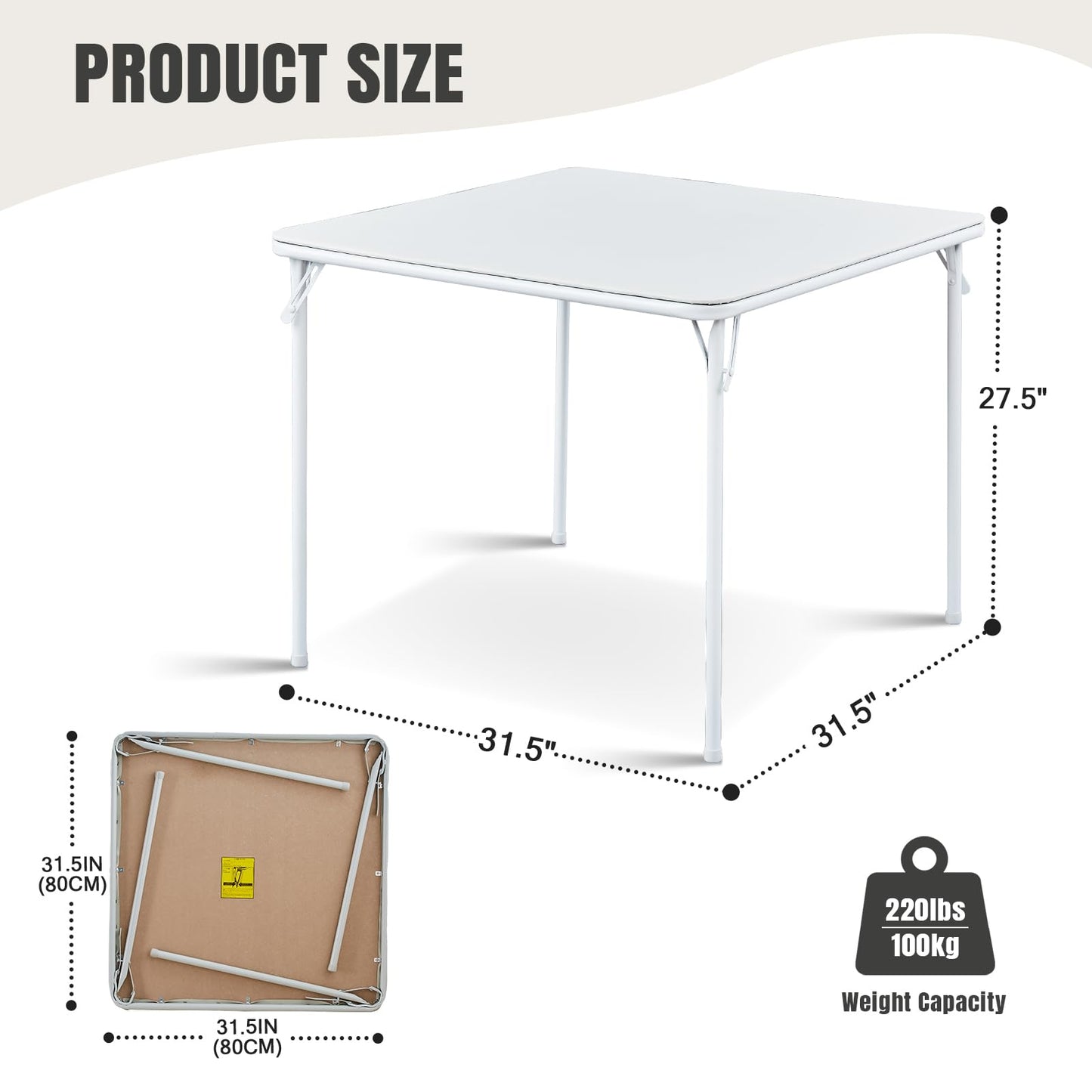 CHAIRABLE Square Folding Table, Portable Heavy Duty Card Table with Vinyl Top, Indoor Outdoor Foldable Table for Party, Picnic, Camping, Office & Events (White)