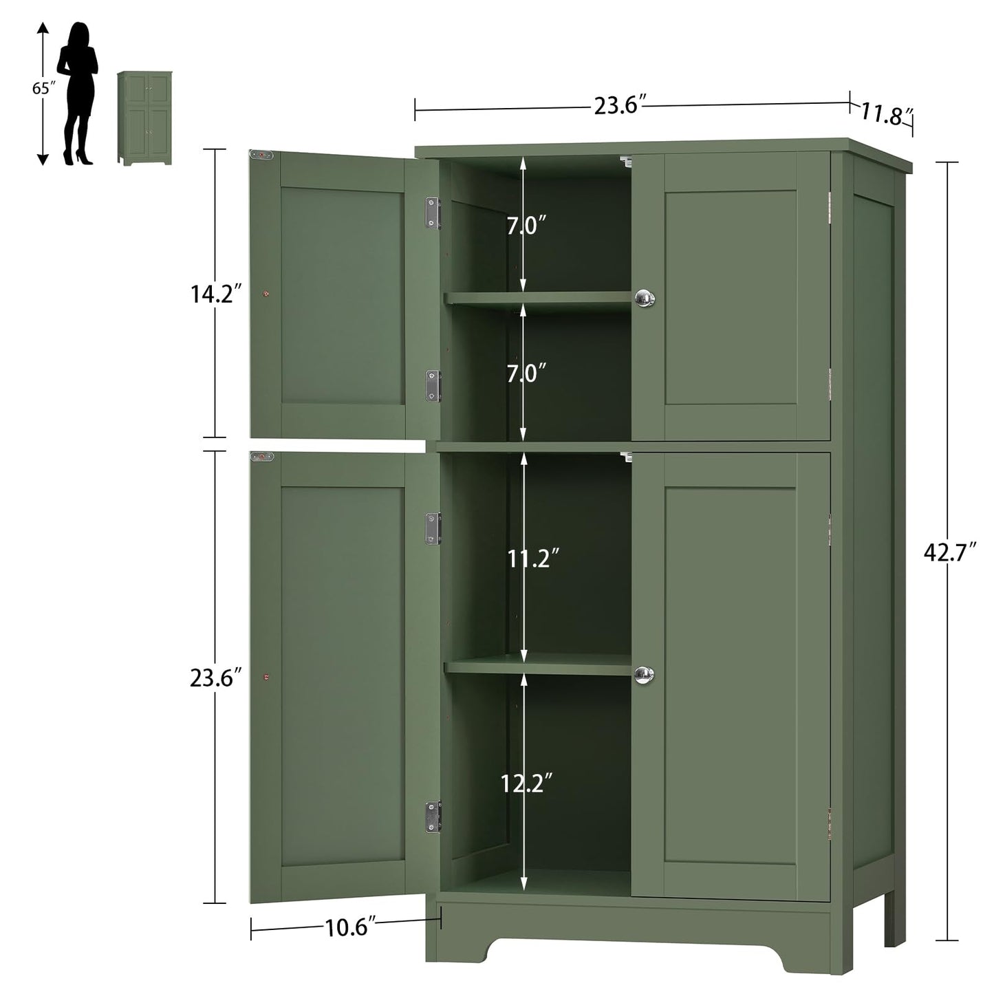 TEENFON Bathroom Storage Cabinet, Bathroom Cabinet with 4 Doors & 2 Adjustable Shelves, Cupboard, Cabinets for Living Room, Entryway, Office, Forest Green