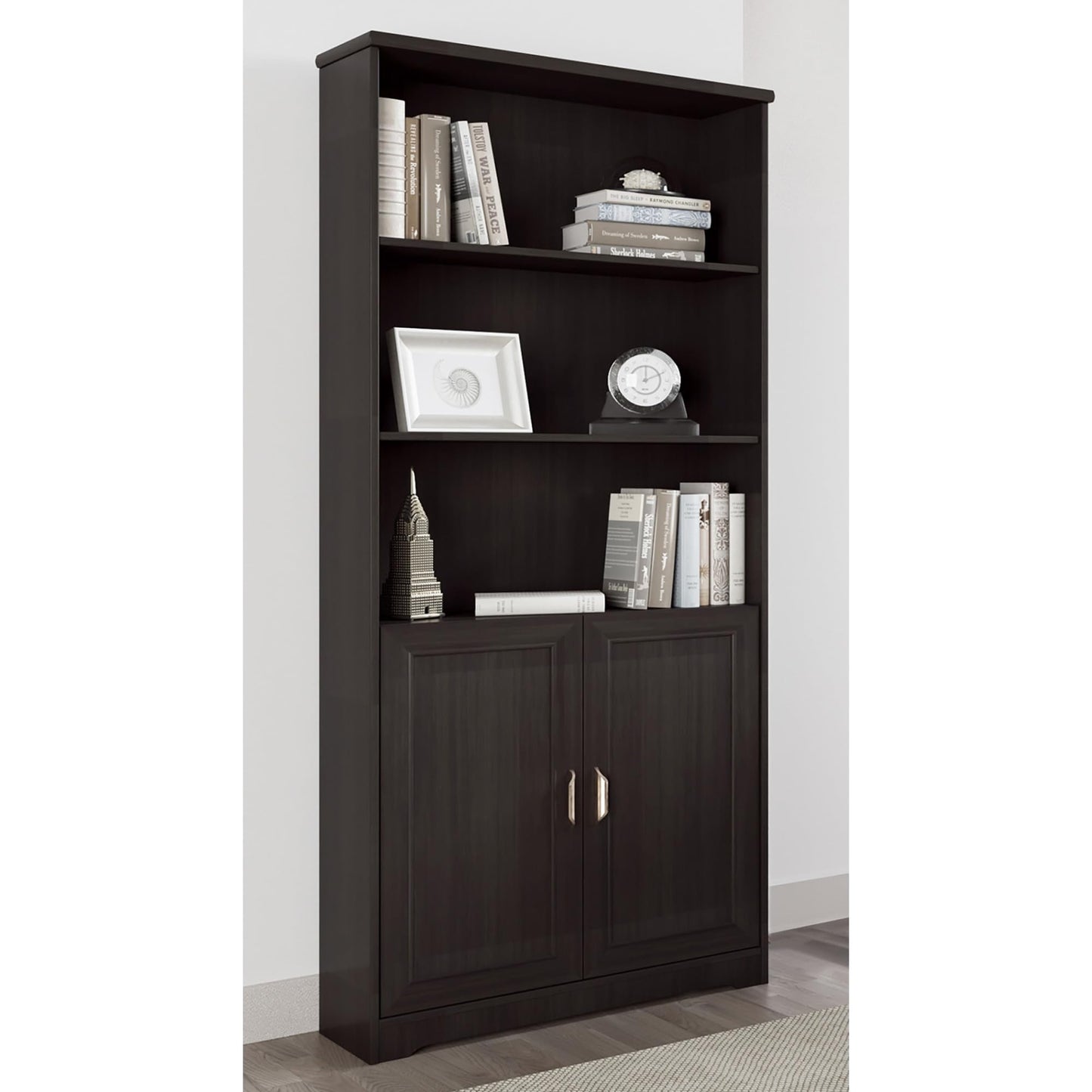 Realspace® Magellan 72" H 5-Shelf Contemporary Bookcase with Doors, Espresso/Dark Finish