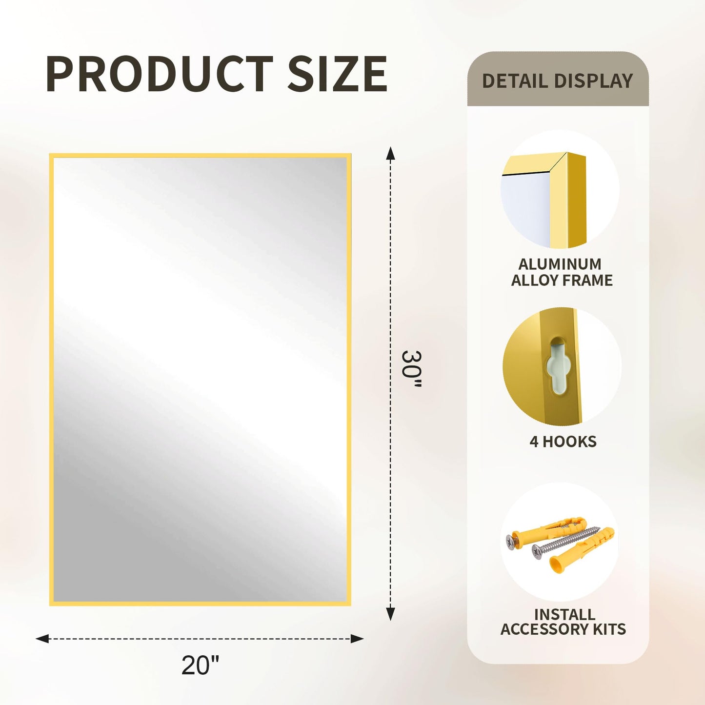 FICTOR Bathroom Vanity Mirror-Gold,30x20 Inch, Shatterproof & Anti-Rust, Wall Mount Rectangle Mirrors with Metal Frame for Over Sink, Bathroom, Bedroom, Living Room,Entryway