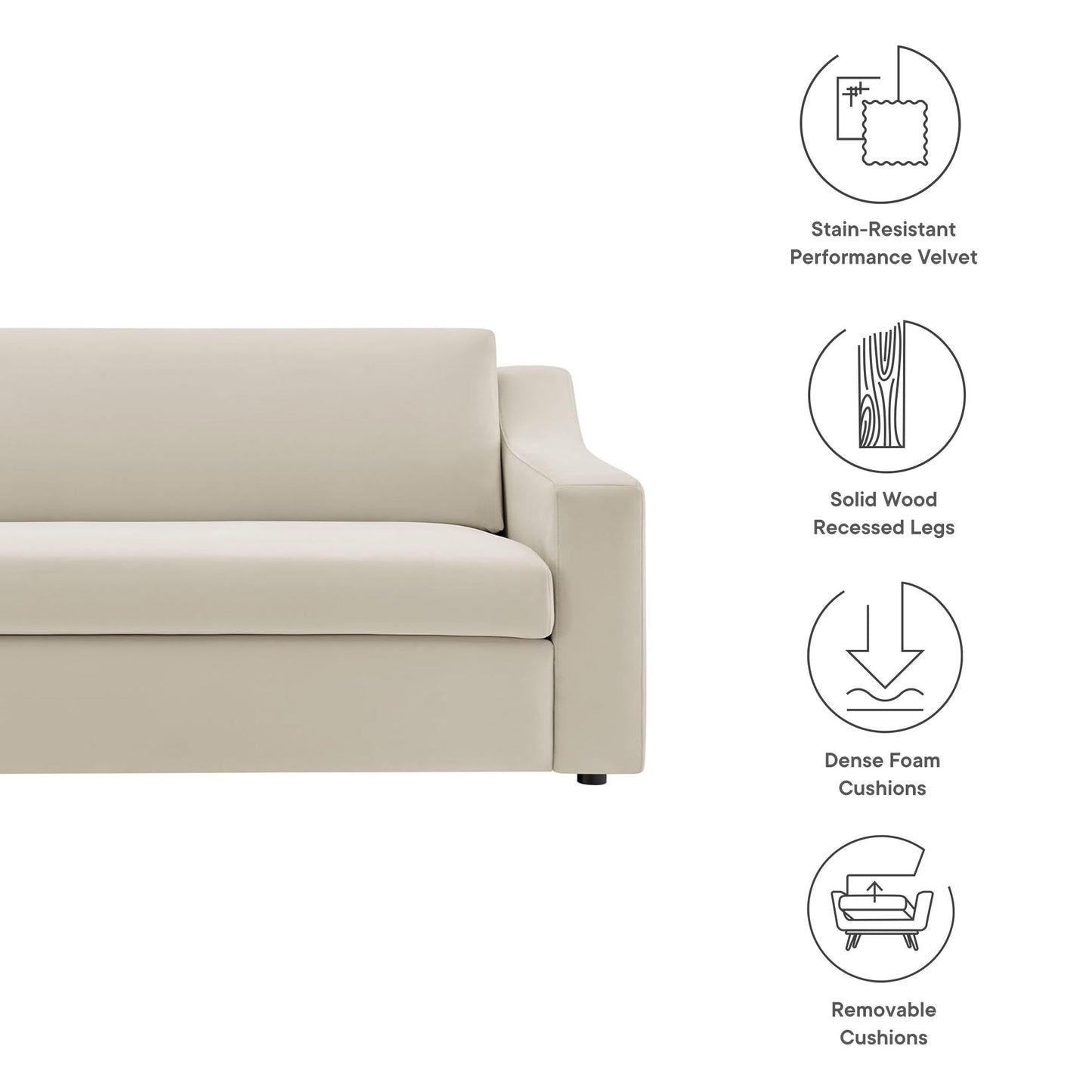 Modway Liora 87 Inch Stain-Resistant Performance Velvet Sofa in Alabaster - 3 Seater Upholstered Sofa Couch for Living Room Seating - Comfy Deep Seat Sofa with Scoop Arms