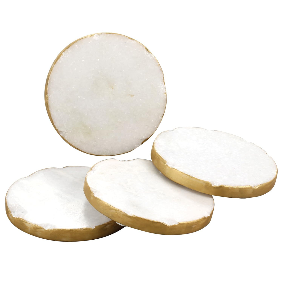 Thirstystone 4 Pack Round Natural White Marble Coasters w/ Gold Edges 4" Diameter Elegant, Luxurious, Stemware Safe