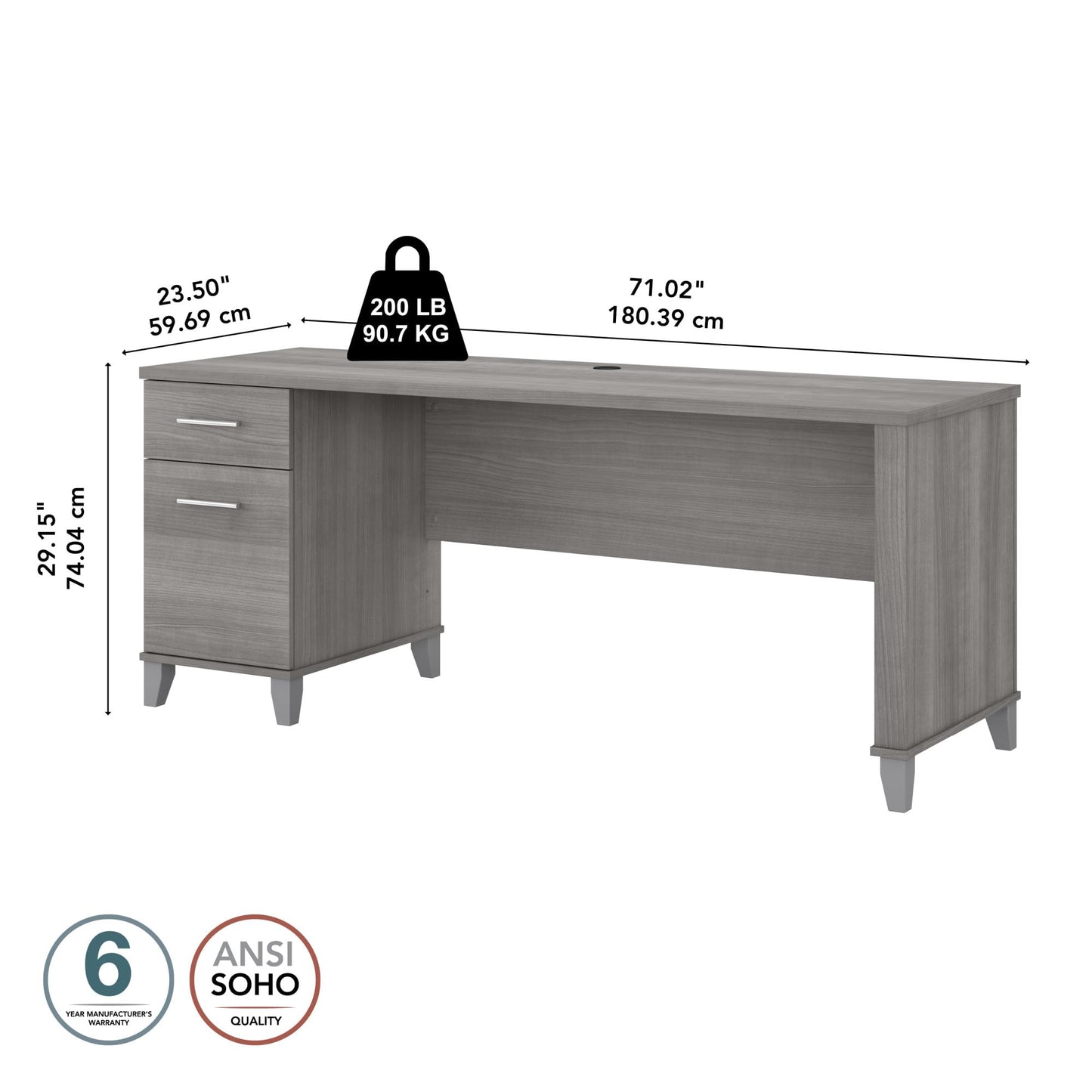 Bush Home 72-inch Home Office Desk with Drawers, Large Computer Table for Personal Workspace, Somerset Collection, Platinum Gray