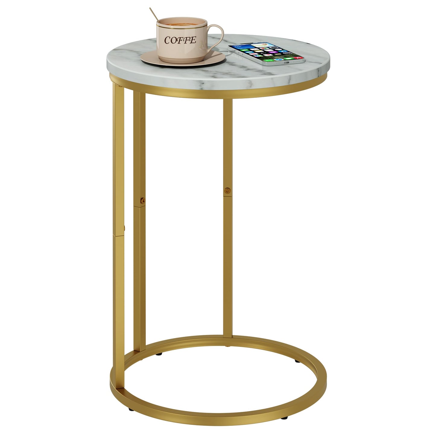 Function Home C Table End Table, Marble C Shaped Sofa Side Table, Couch Tables that Slide Under, Snack Accent Table for Living Room Bedroom Small Space, Marble Top and Gold Metal Frame