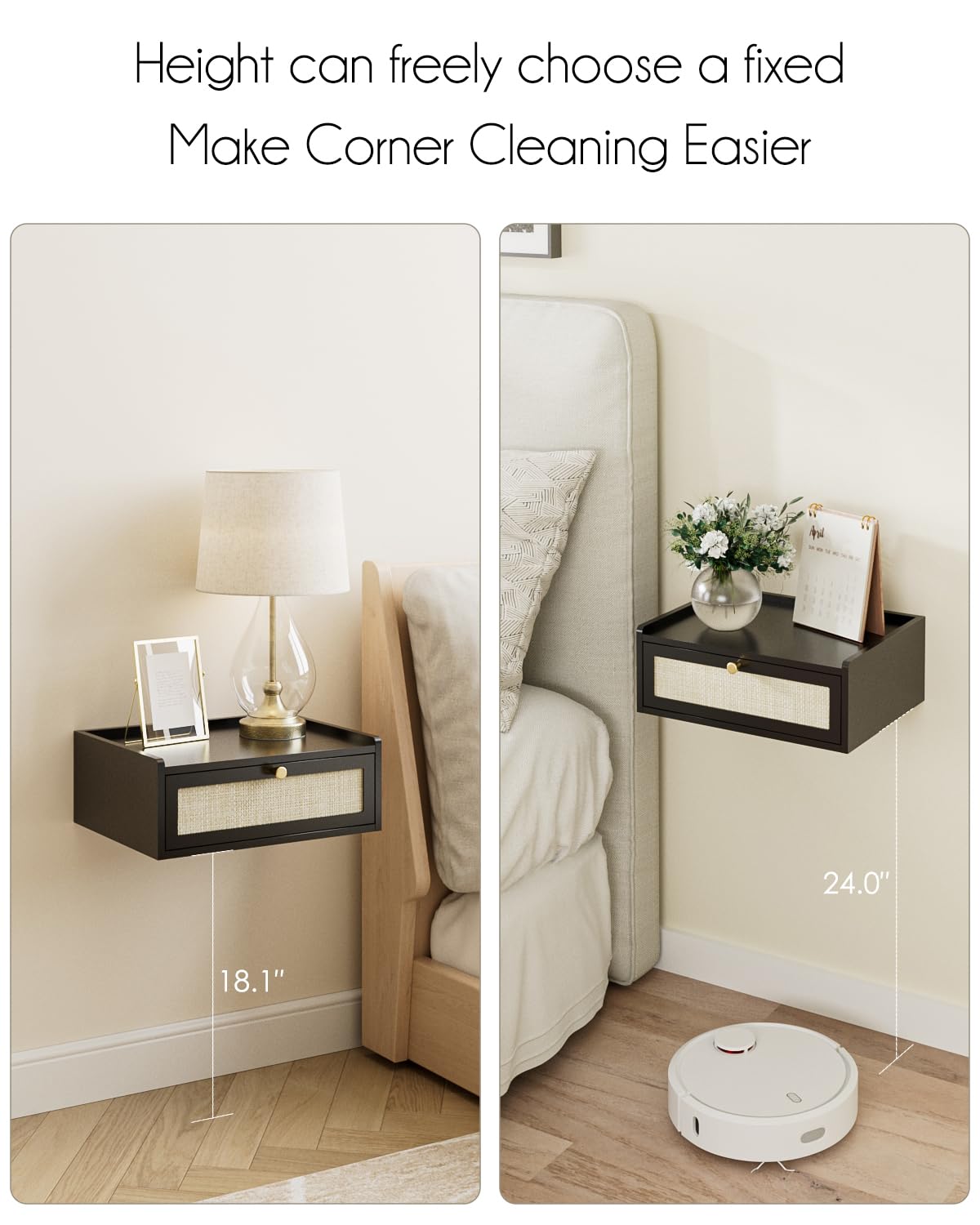 AEPOALUA Floating Nightstand,Wall Mounted Night Stand with Drawer,Small Floating Shelves,Floating Wood Bedside Table for Bedroom、Living Room、Bathroom (Bohemian, Black.)