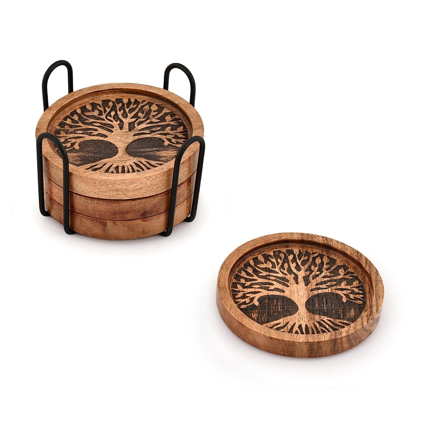 Kaizen Casa Coasters Set of 4 Acacia Wood Round Wooden Tree of Life Coasters for Drinks with Iron Holder for Modern Home Decor, Home Dining Table Décor (4" X 4" X 0.5)