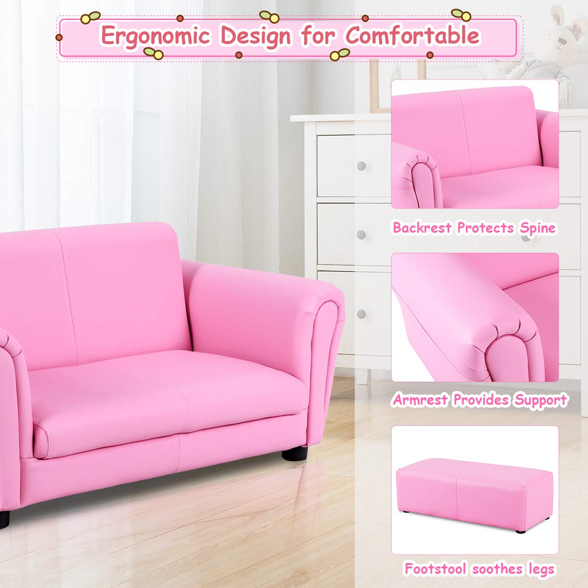 Costzon Kids Couch with Footstool, 2 in 1 Double Seat Children's Sofa w/PU Leather Surface, Armrest Chair Lounge, Soft Kids Sofa for Preschool Bedroom Kids Room Toddlers Boys Girls Birthday (Pink)