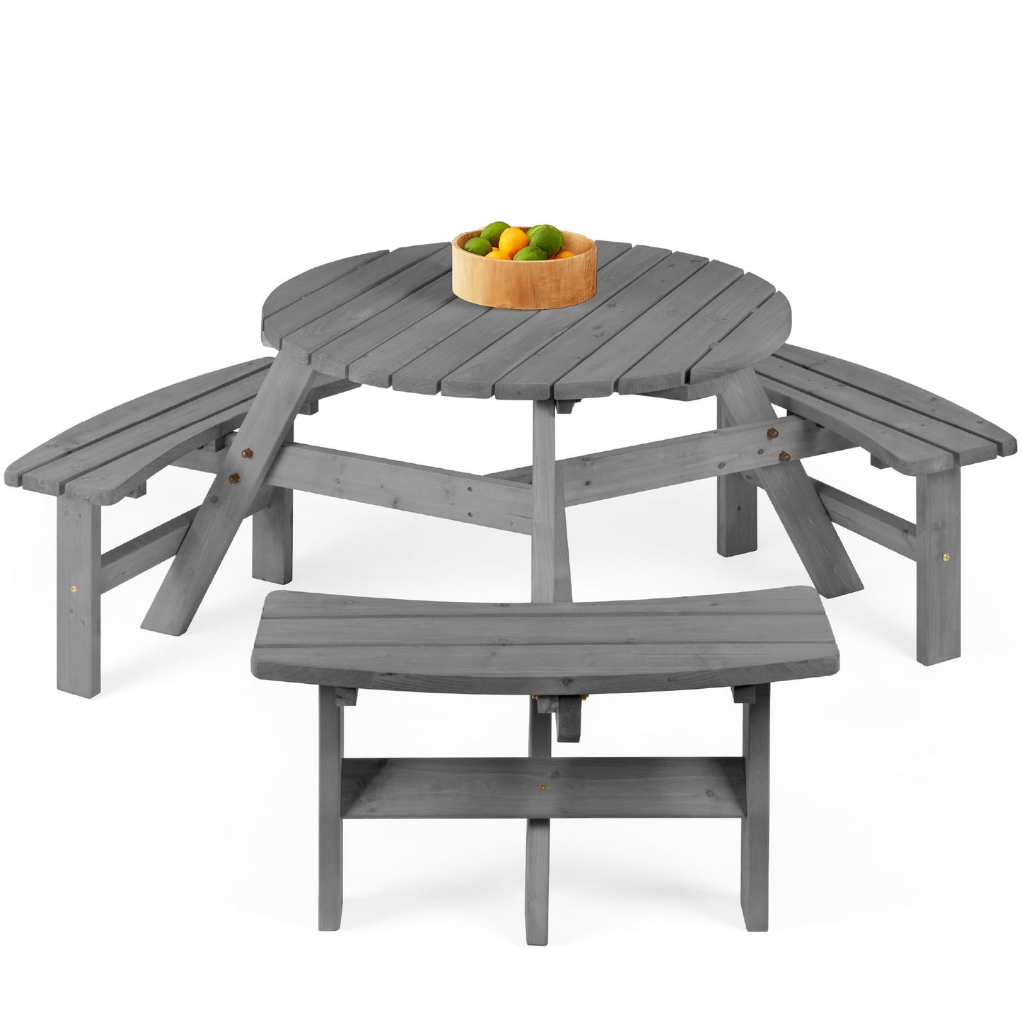 Best Choice Products 6-Person Circular Outdoor Wooden Picnic Table for Patio, Backyard, Garden, DIY w/ 3 Built-in Benches, 500lb Capacity - Gray