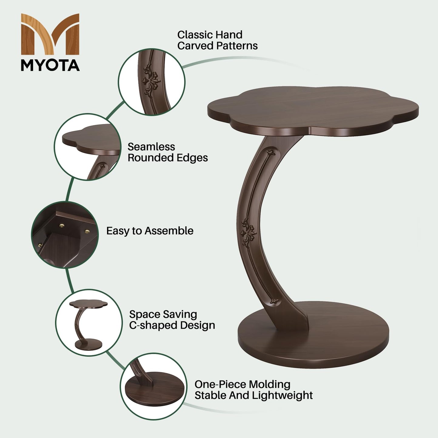 MYOTA C-Shaped End Table for Couch - Round Small C Side Table, Flower Handmade Wood Sofa Couch Tables That Slide Under Bedside, Saving Space Wooden Tray for Living Room, Small Space, (Dark Walnut)