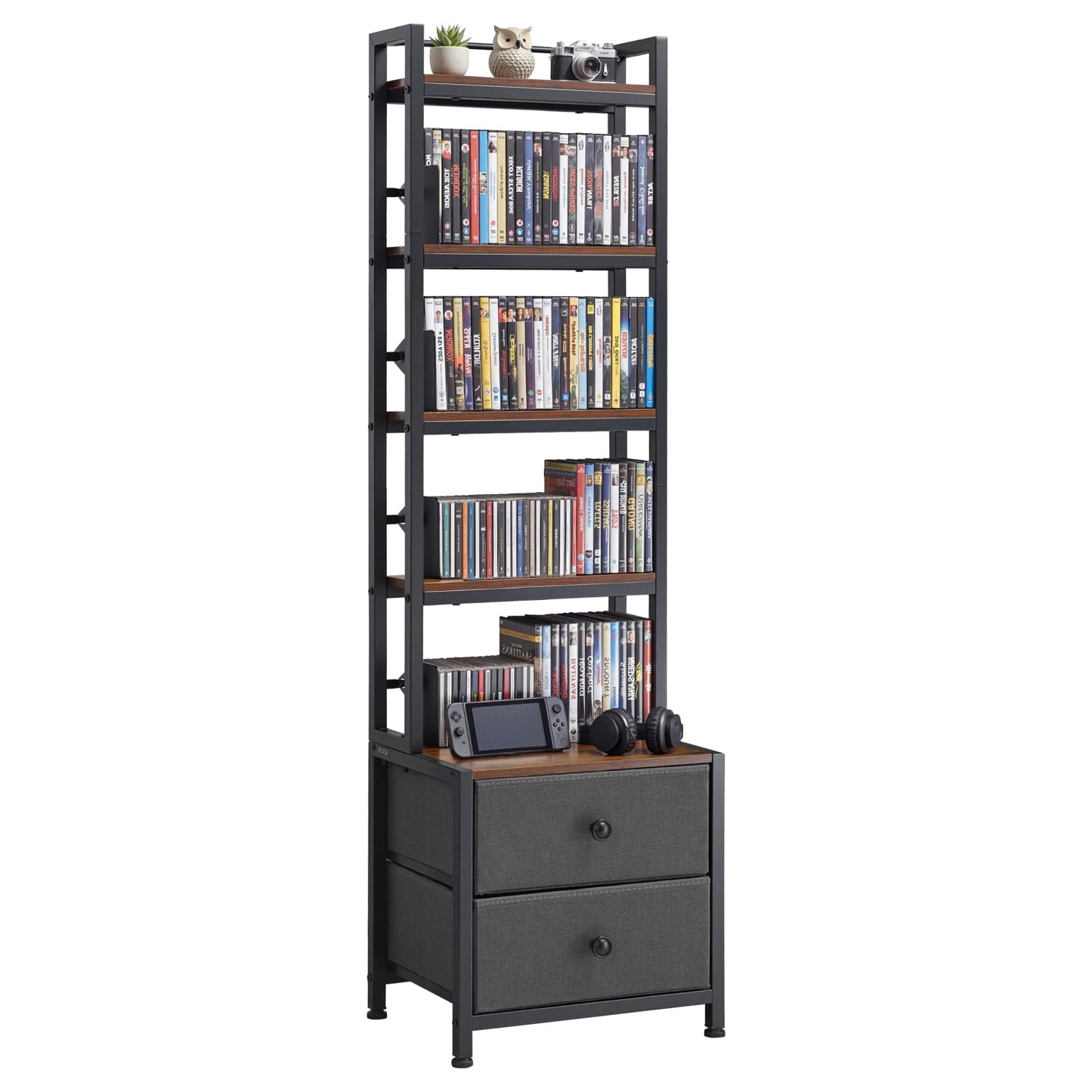 VEVOR Media Storage Cabinet, 4-Shelf DVD Shelf Organizer with Drawers, 15.75 x 11.81 x 56.50 in Multimedia Storage Organizer for CDs, DVDs, Books and Games, CD Cabinet for Living Room, Home Office