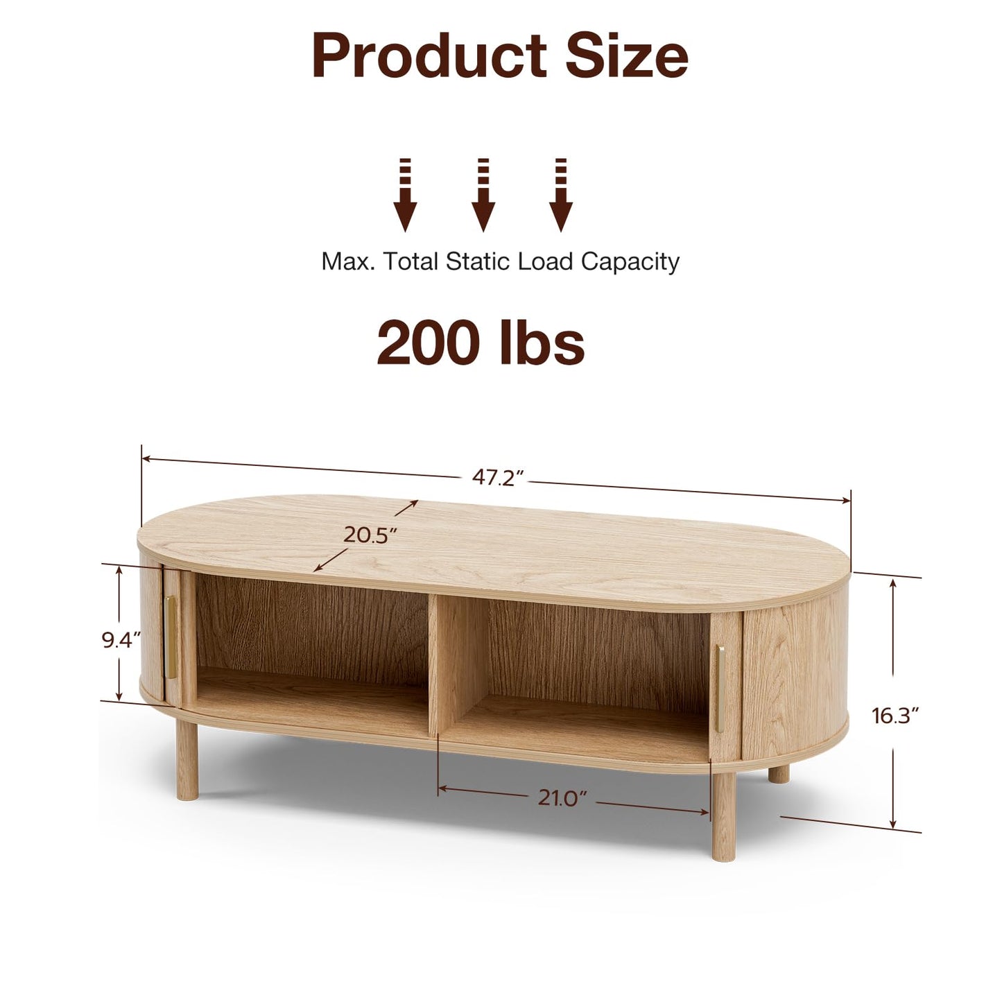 ZttRiee Coffee Table for Living Room, Modern Oval Coffee Table with Cabinets & Sliding Doors, Home Small Space, 47.2" Fluted Center Table, Natual