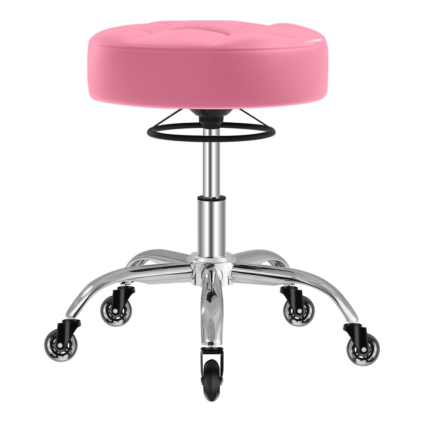 YEEZEE Rolling Stool Heavy Duty 400lb: Super Soft Leather Seat Cushion, 360 Swivel, Height Adjustable 19.7"-25.3", No Squeaky Noises, No Tip Over, Salon & Spa Stool, Pink