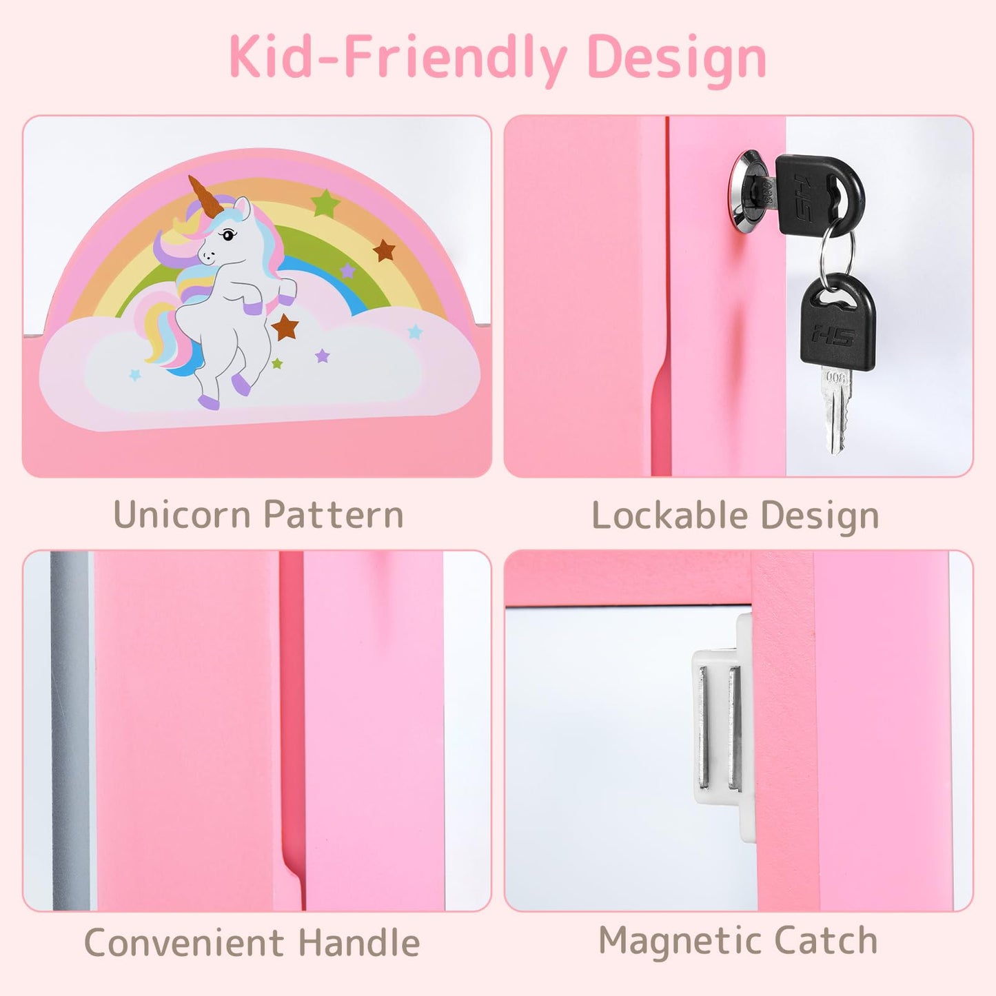 INFANS Kids Jewelry Armoire Cabinet with LED Lights, Lockable Standing Organizer with Full-length Mirror, Unicorn Theme Children Vanity Dress Up Storage Rack for Girls