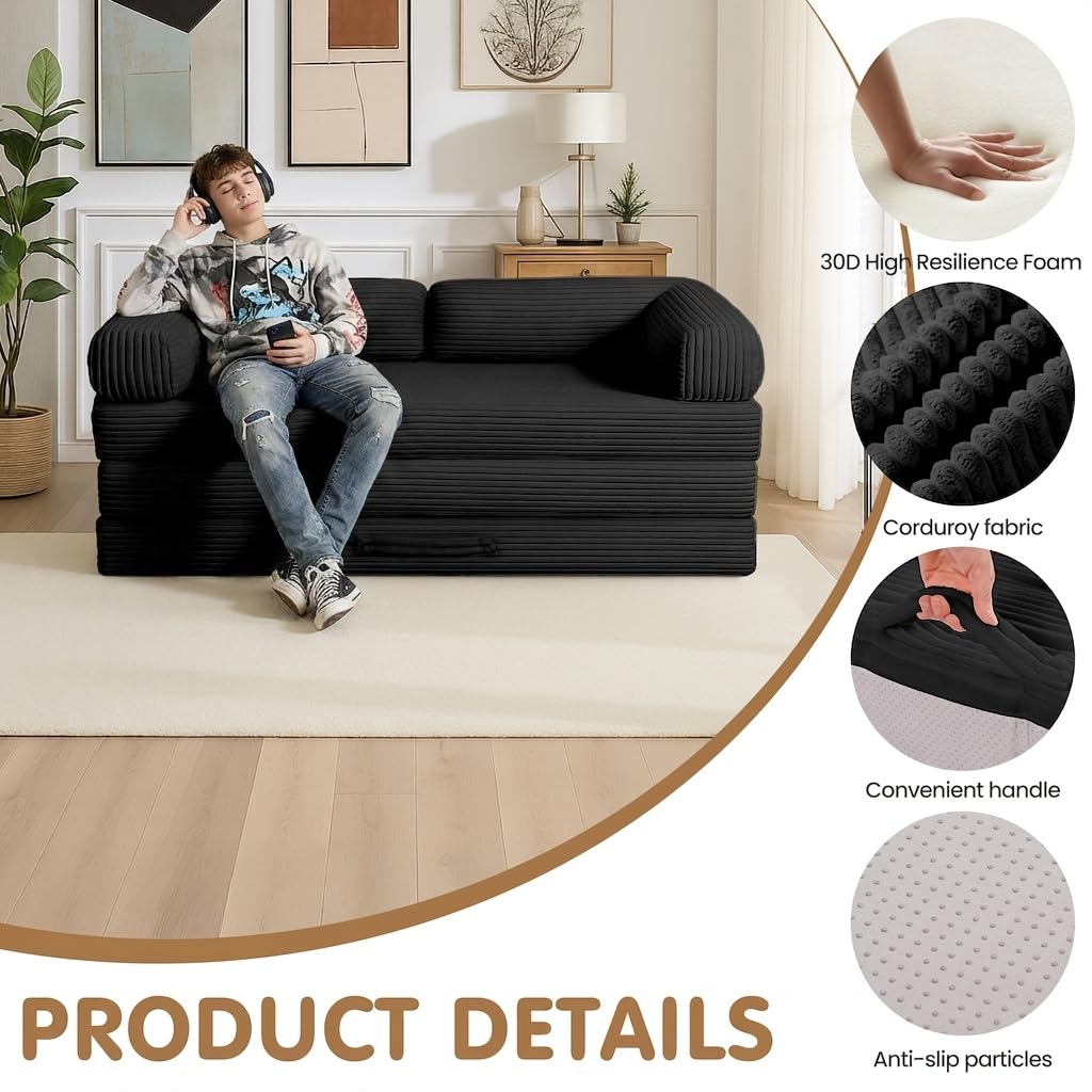 NLDD Convertible Sofa Bed Full,5-in-1 Tri-Fold Boneless Couch with Removable Armrests & Handle,Corduroy Futon Sleeper Sofa,Floor Folding Mattress Pull Out Bed for Small Space Apartment Bedroom Black
