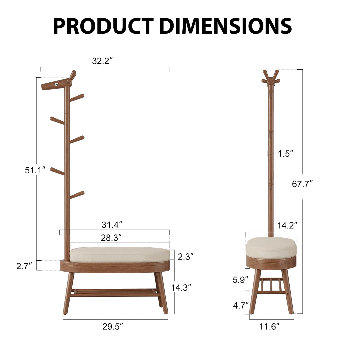 AQIMUELE Shoe Rack with Coat Rack, Wooden Shoe Bench with Upholstered Cushion, 3-in-1, 2-Tier Shoe Storage and Cute Animal Hooks for Entryway, Hallway, Closet (Walnut 32.2")