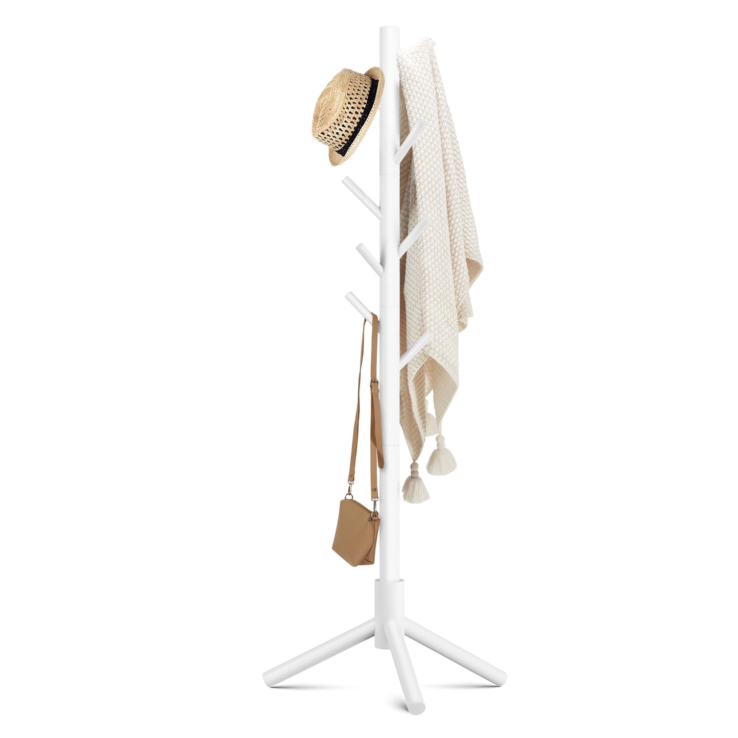 Haddockway Wooden Coat Rack Stand with 8 Hooks New Zealand Pine 3 Adjustable Coat Standing Tree Easy Assembly for Coats, Hats, Scarves and Handbags for Entryway, Hallway, Bedroom, Office, white
