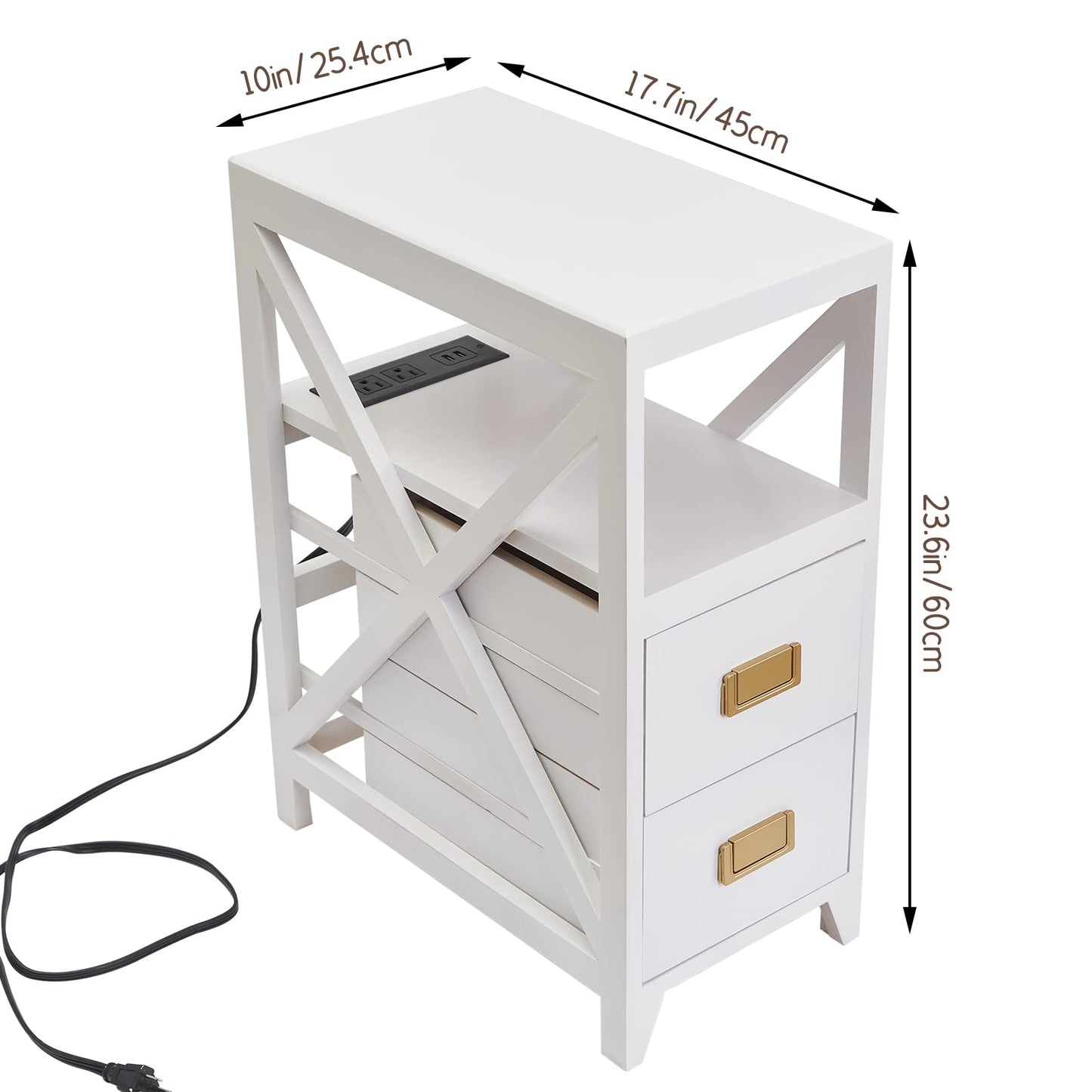 BECTSBEFF Fully Assembled Narrow Side Table with Charging Station, No Assembly Narrow Nightstand with USB Ports, Pre Assembled Skinny End Table with Outlets for Living Room, Bedroom-White