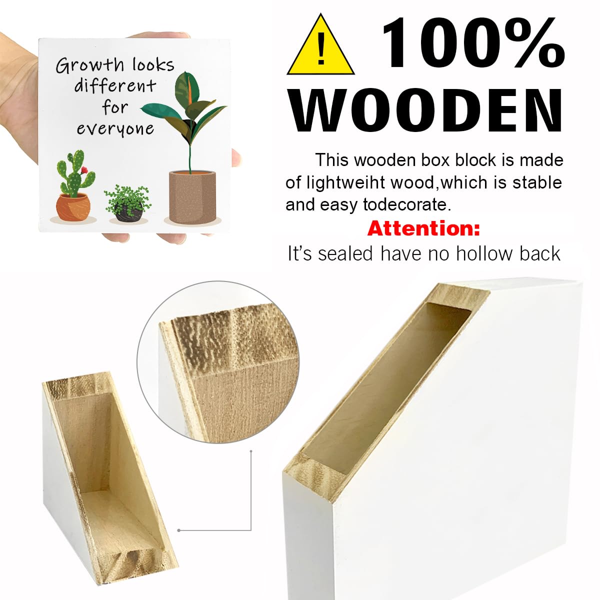 LVQHI Growth Looks Different for Everyone Wood Block Sign Therapy Teacher Counselor Office Desk Decor Motivational Inspirational Decorations for Classroom Bookshelf Shelf