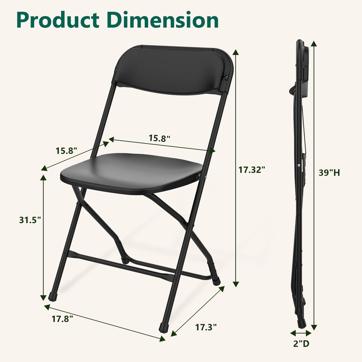 FurniEdge 4 Pack Black Plastic Folding Chairs, Outdoor Portable Folding Chair with Steel Frame, 350lbs Capacity Stackable Foldable Chairs for Patio, Garden, Picnic, Kitchen, Events