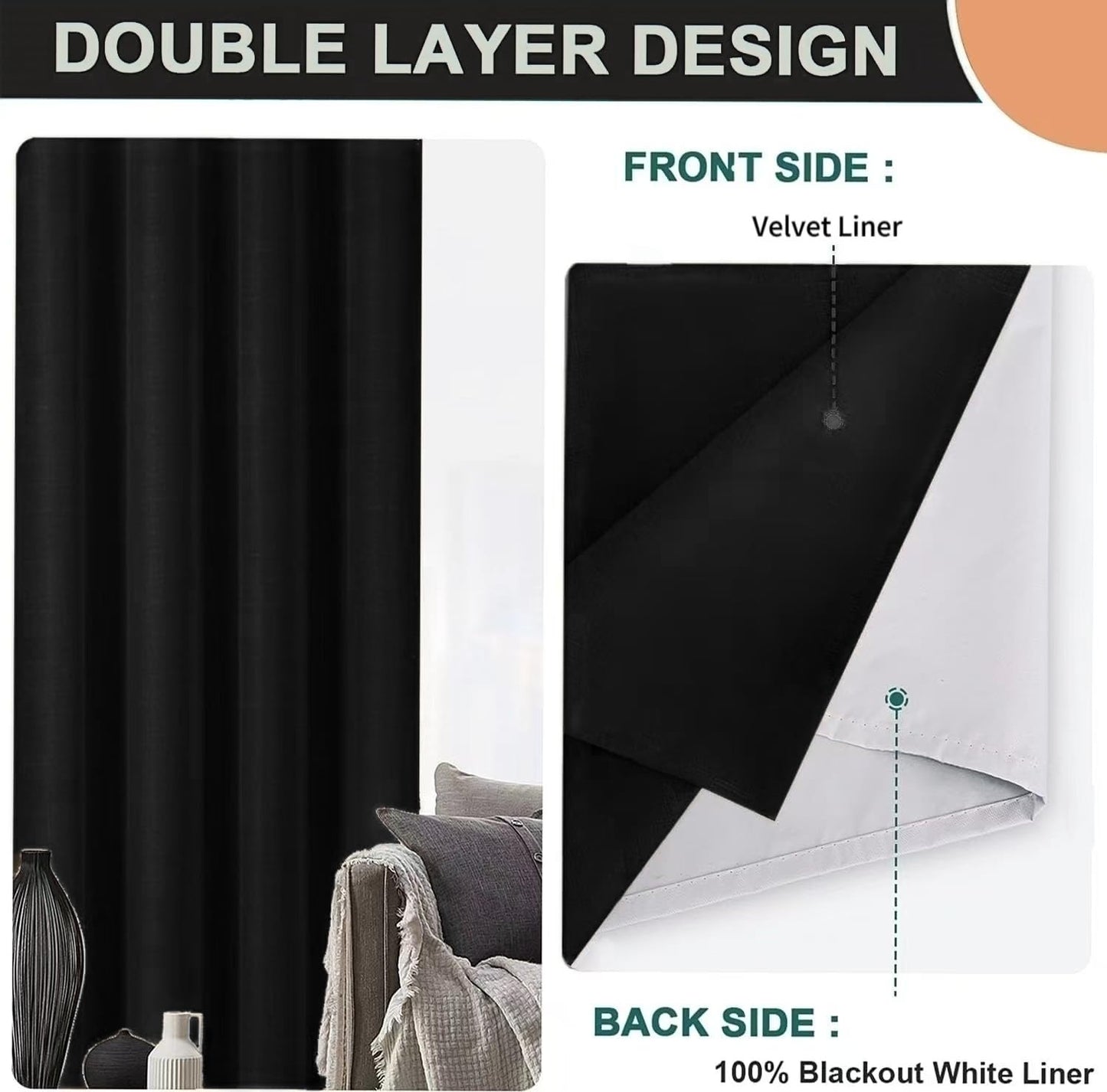 SMILETIME 100% Blackout Black 52 x 108 in Long Velvet Curtains with Grommet, Thermal Insulated Super Soft Privacy Noise Reducing Velvet Curtains for Living Room Bedroom, 2 Panels
