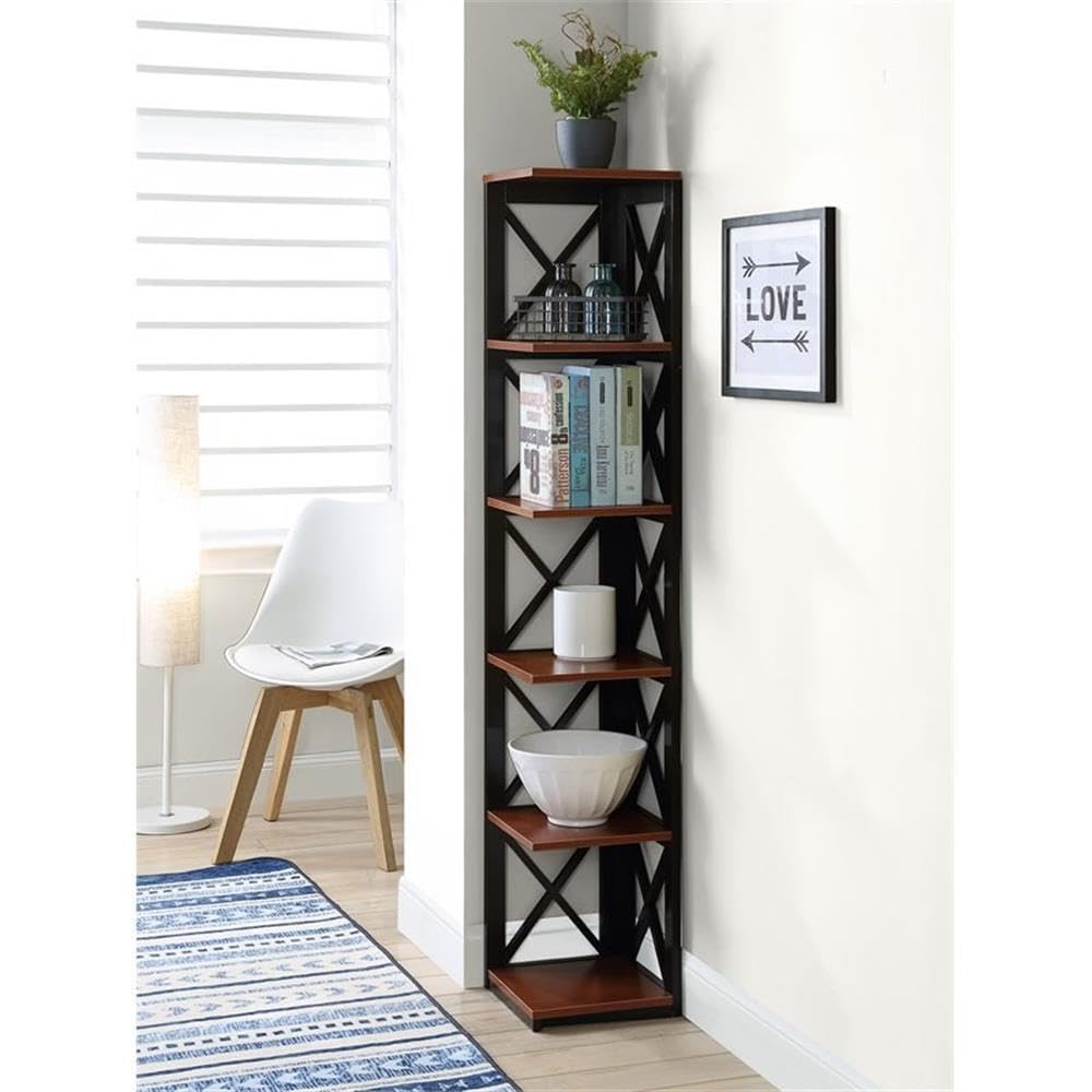Convenience Concepts Oxford Corner Bookcase 12" - 5-Tier Slim Farmhouse Bookcase for Modern Living & Family Room, Media Storage Organizer for Home Office Library, Tall Shelving Unit, Cherry/Black
