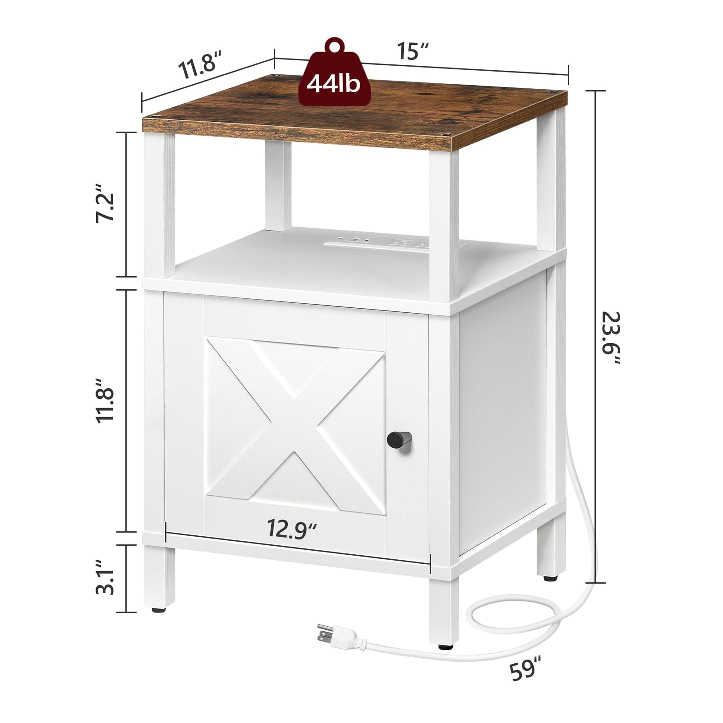 MAHANCRIS Farmhouse Nightstand with Charging Station, Barn Door End Table with USB Ports and Storage Cabinet, Bedside Table for Bedroom, Small Space, White and Rustic Brown ETRW96E01