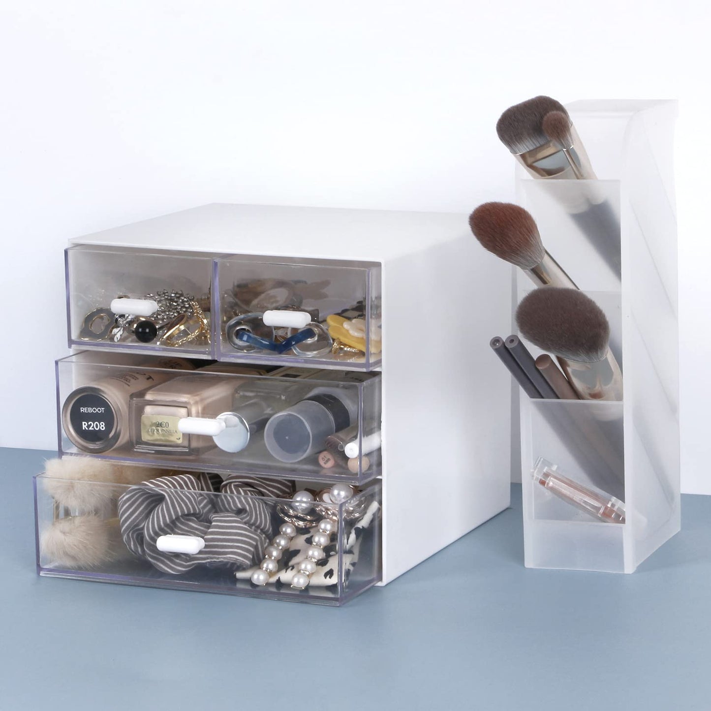 Zyners Desk Organizer with Drawer, Office Organizer with 4 Drawers, Desk Storage Box for, Desktop, Dressing table, Office, School, Home, Plastic Box and 4 Acrylic Drawers(White)