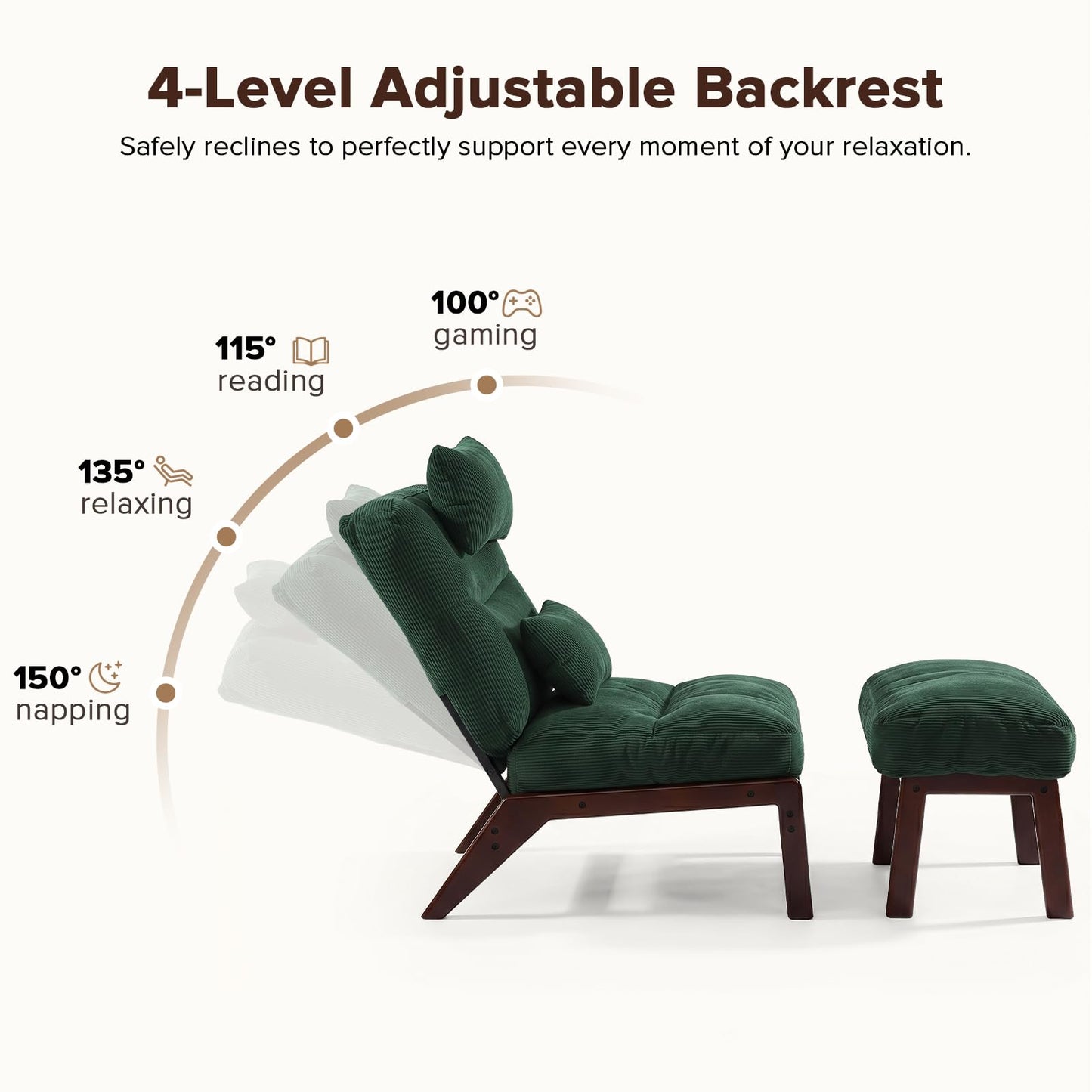GEMBED Accent Chair with Ottoman Adjustable Backrest, Comfy Lounge Chair Single Sofa with Headrest Lumbar Pillow, Reading Chair with Footrest for Bedroom, Living Room, Green
