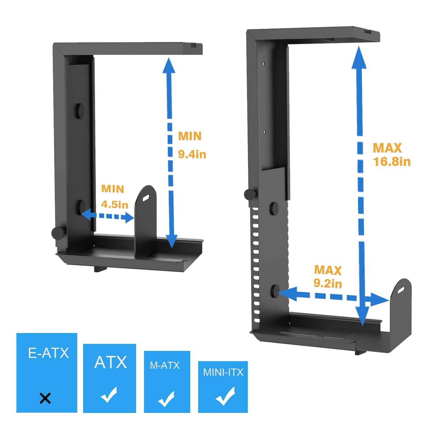 Bylitco Universal Wall or Under Desk CPU Mount, Small PC/NAS Bracket – 4.5 to 9.2 inch Wide Computer Holder, Space-Saving Design with Safety Lock,Max Load 32Lbs