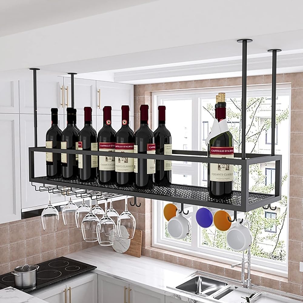 Adjustable Ceiling Wine Glass Rack - Wall-Mounted Iron Wine Bottle Holder 11.8-23.6 Inch Stylish Hanging Wine Shelves for Kitchen Bar Cafe (Size: 120cm)