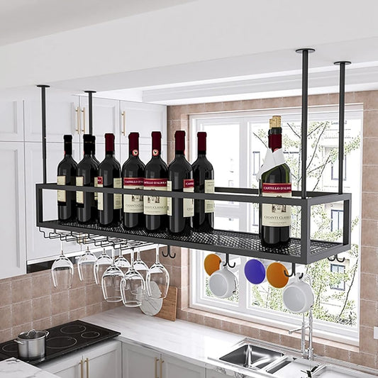 Adjustable Ceiling Wine Glass Rack - Wall-Mounted Iron Wine Bottle Holder 11.8-23.6 Inch Stylish Hanging Wine Shelves for Kitchen Bar Cafe (Size: 120cm)