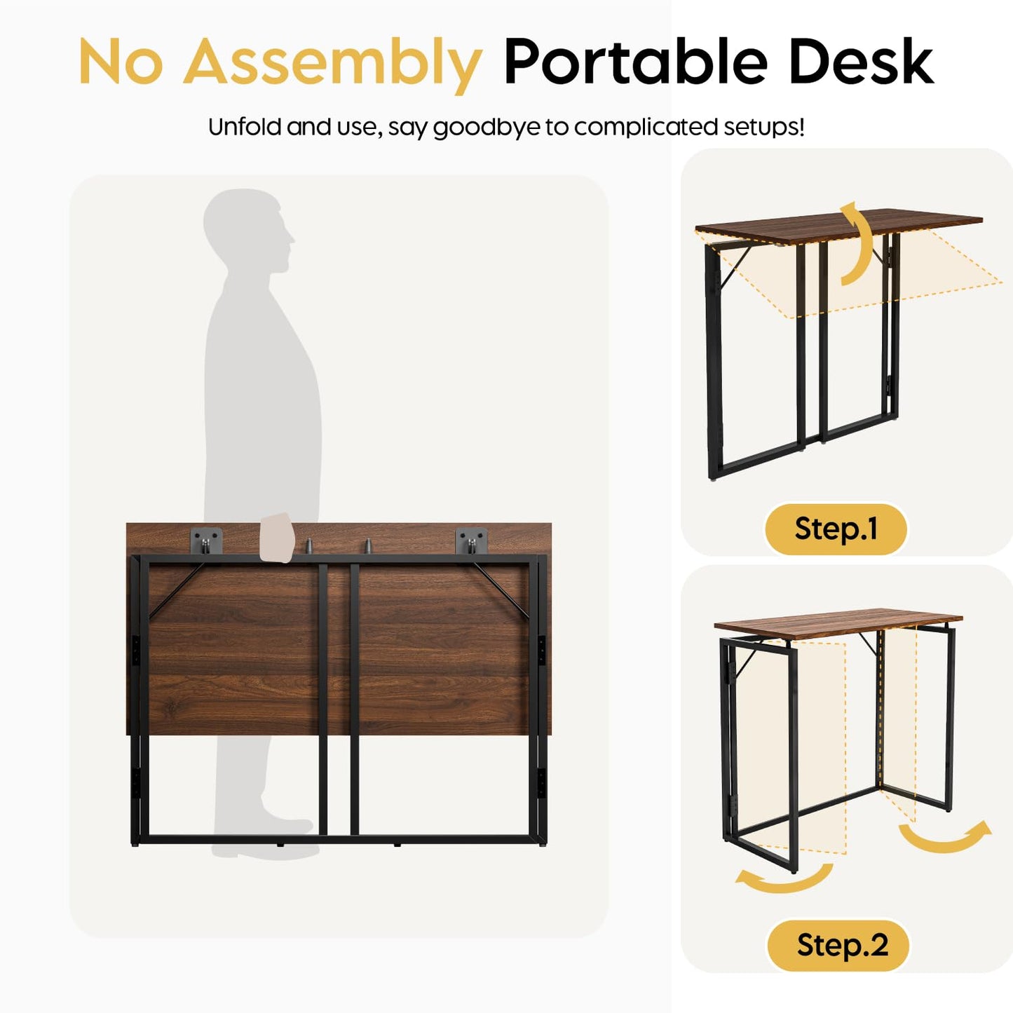 alawooder Folding Desk - 39.4” Wood Top Foldable Desk for Small Spaces | No Assembly Required Compact Desk for Home Office, Writing, and Study